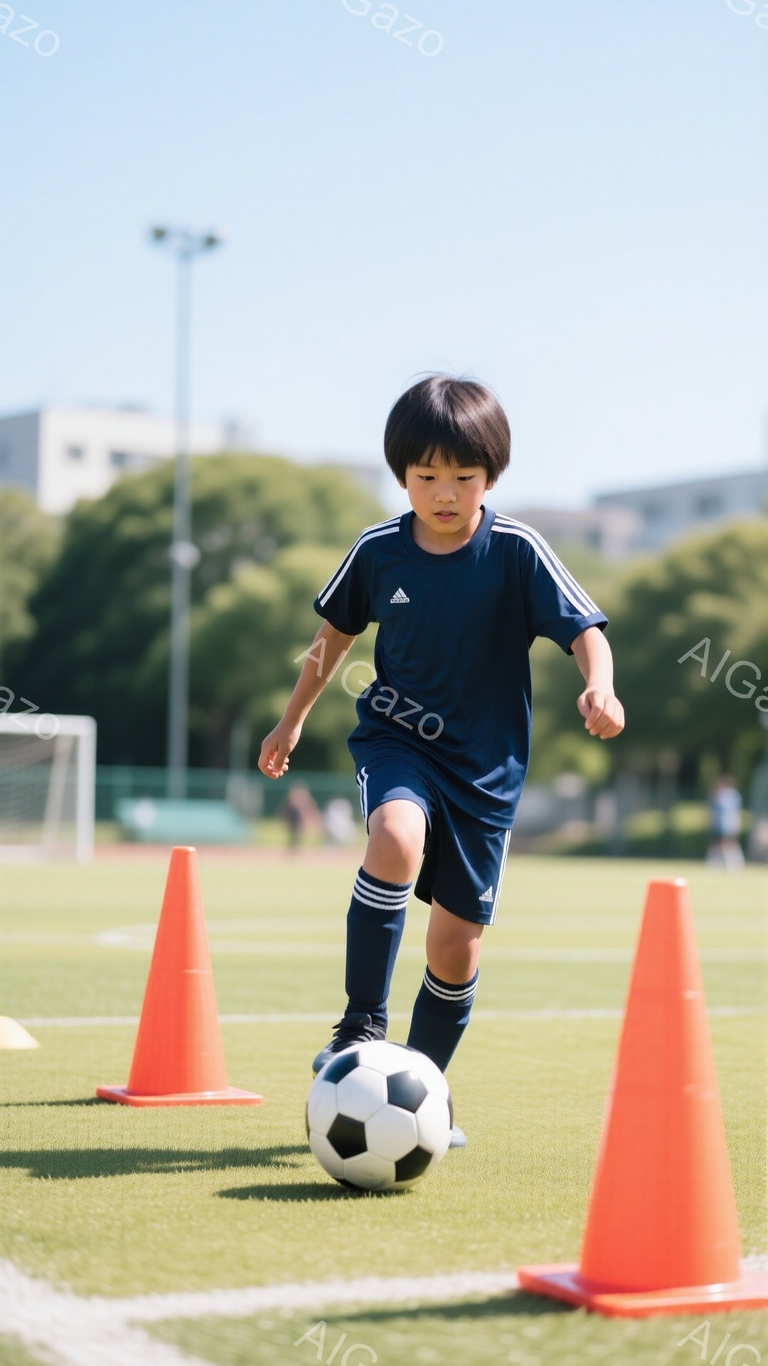 少年は青色のサッカーユニフォームとソックスを着用し、緑の芝生の上でサッカーボールをドリブルしている。彼の髪は短く、前髪が少し長めにかかっている。背景にはオレンジ色のコーンが並び、遠くには建物と青空が見え、晴れた日のサッカー練習風景を表している。