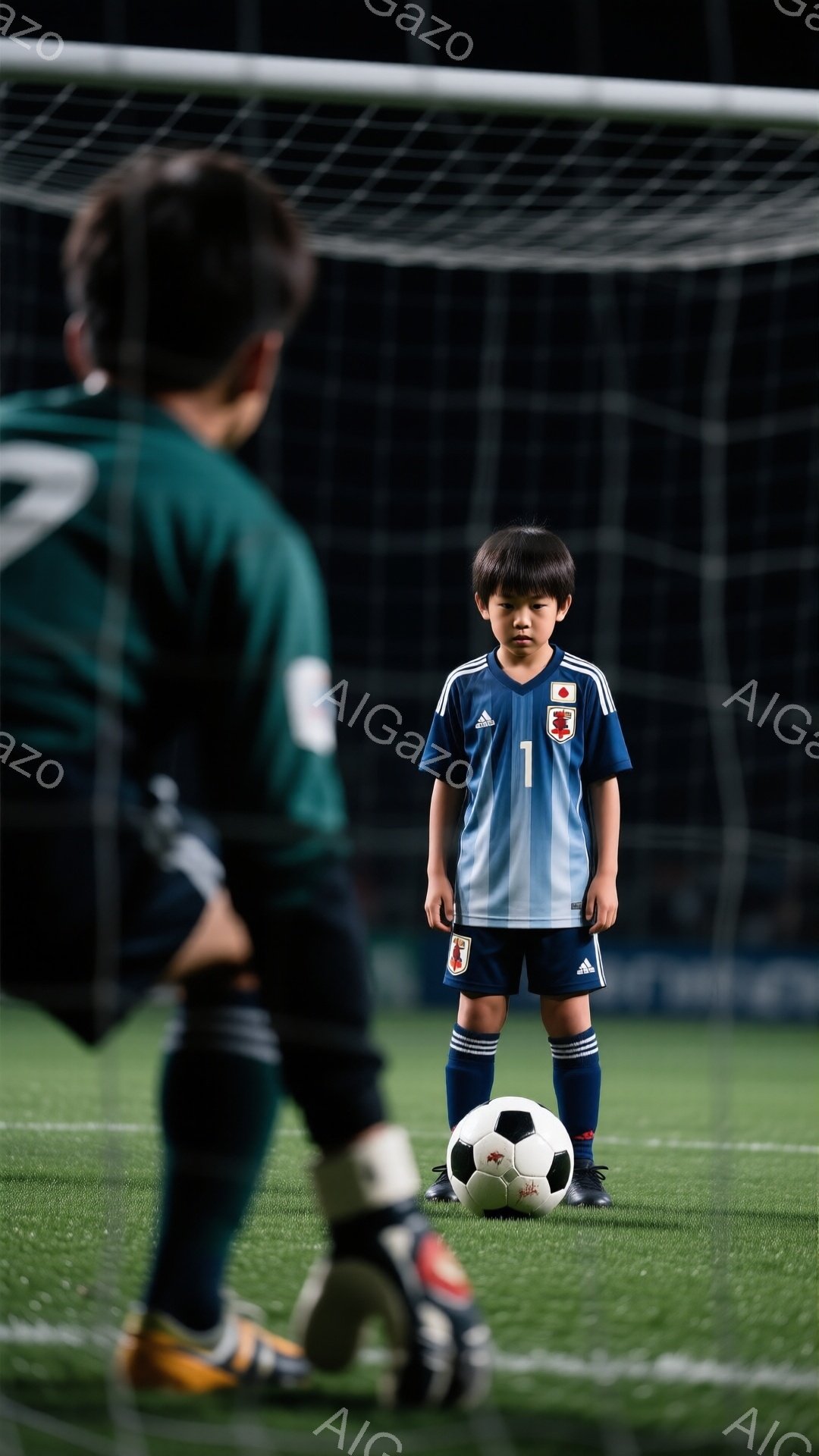 青いサッカーユニフォームを着た少年が、サッカーボールを前に立っている。ユニフォームには「1」の番号が書かれ、表情はやや緊張した様子で、まっすぐ前を見ている。背景は夜の人工芝グラウンドで、ゴールネットがぼやけて写っており、集中した雰囲気である。