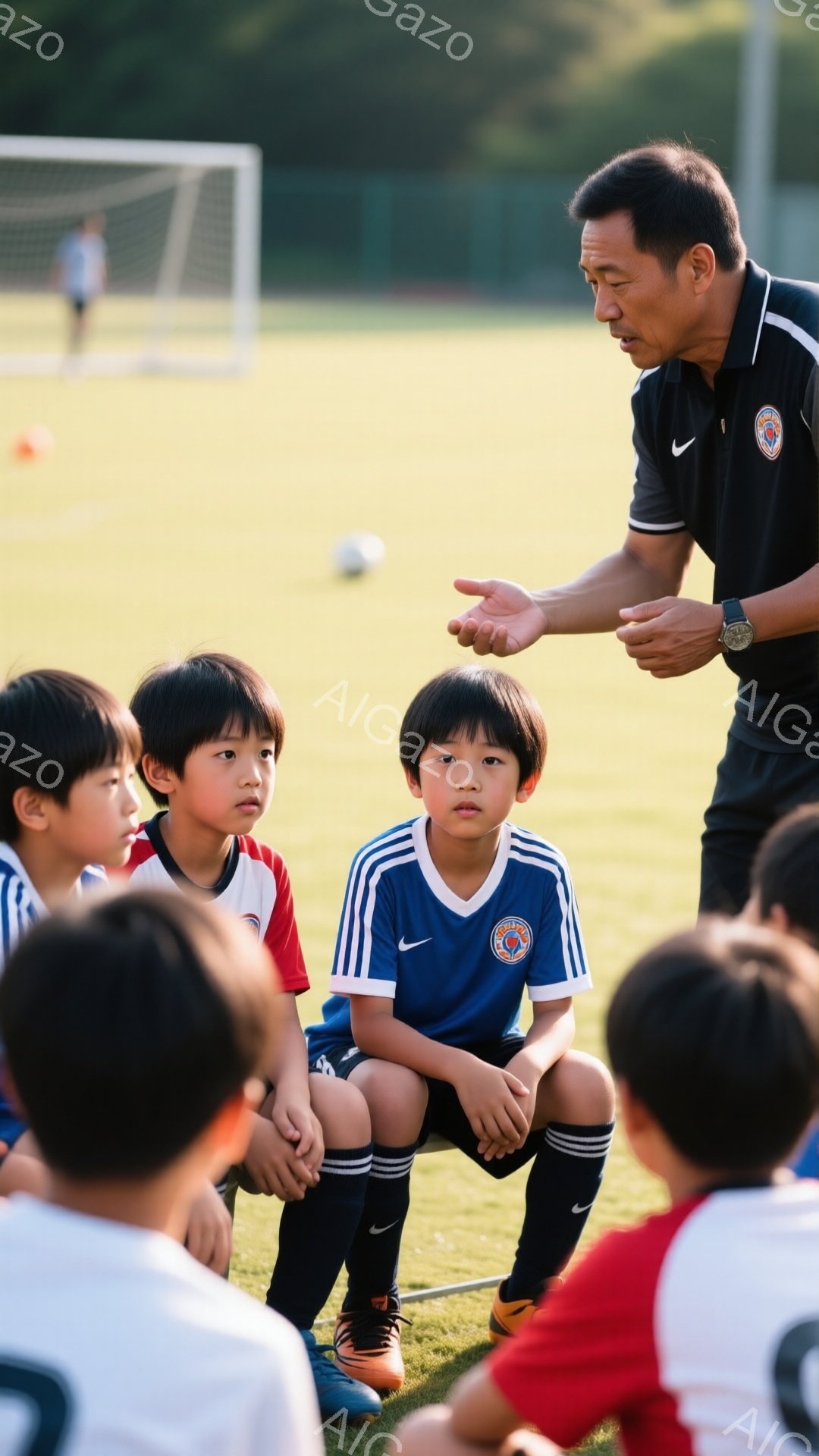 サッカーの練習風景で、コーチと思われる男性が少年たちに指示を出しています。少年たちは青と赤のユニフォームを着用し、膝を曲げてコーチの話に耳を傾けています。背景には緑の芝生とサッカーゴールが見え、晴れた - AI生成フリー素材