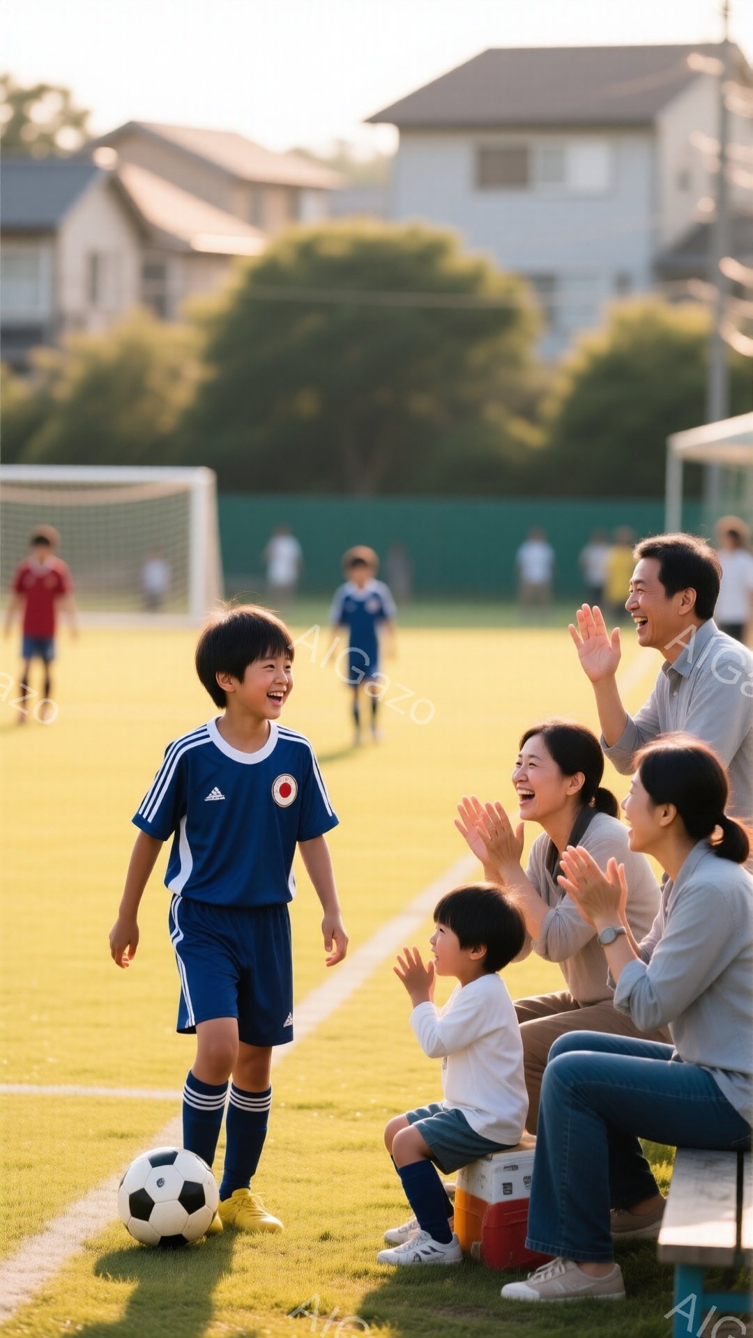 少年は青いサッカーユニフォームと黄色い靴を履き、サッカーボールに向かって笑顔で走っています。観客席には、両親と小さな子供が座っており、少年を応援して手を叩いています。背景には緑の芝生、サッカーゴール、そして住宅地が見え、晴れた日の温かい雰囲気を感じさせます。