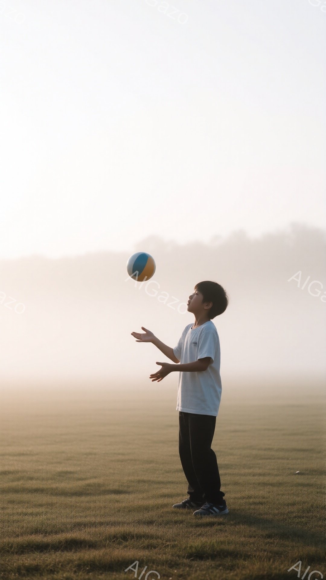 若い少年が芝生の上に立って、片手でボールを上に投げています。白いTシャツに黒いズボンを着用し、少し横を向いて、右手を高く上げ、ボールをキャッチしようとしています。背景は霧に包まれ、ぼんやりとした建物が見え、全体的に穏やかで夢幻的な雰囲気が漂っています。