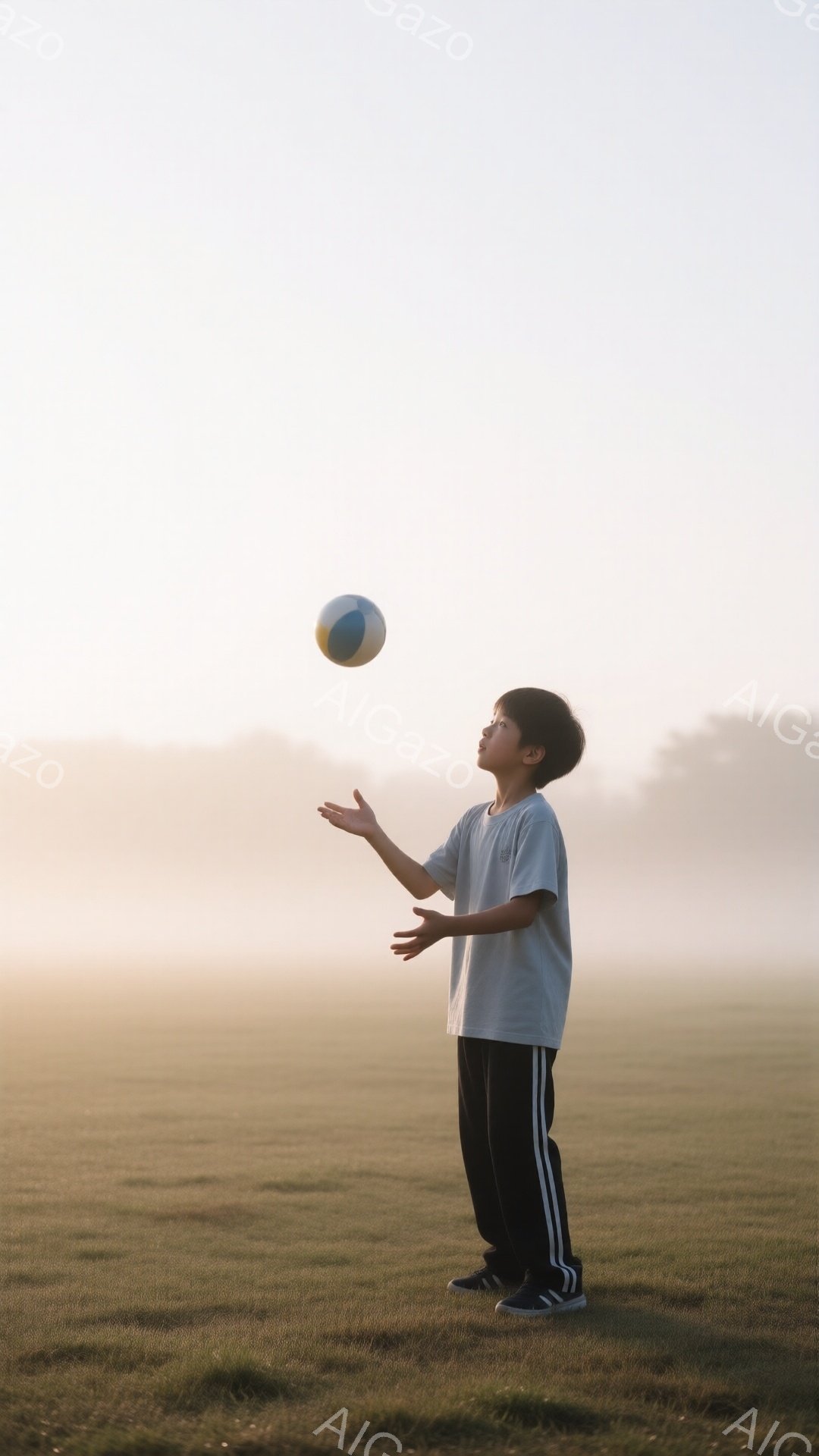 若い少年が緑の草地でボールを手に高く投げて遊んでいます。彼は灰色のTシャツと黒いサイドラインの入ったズボンを着用し、短い黒髪にしています。背景は朝霧に包まれた牧歌的な風景で、暖かく穏やかな雰囲気です。