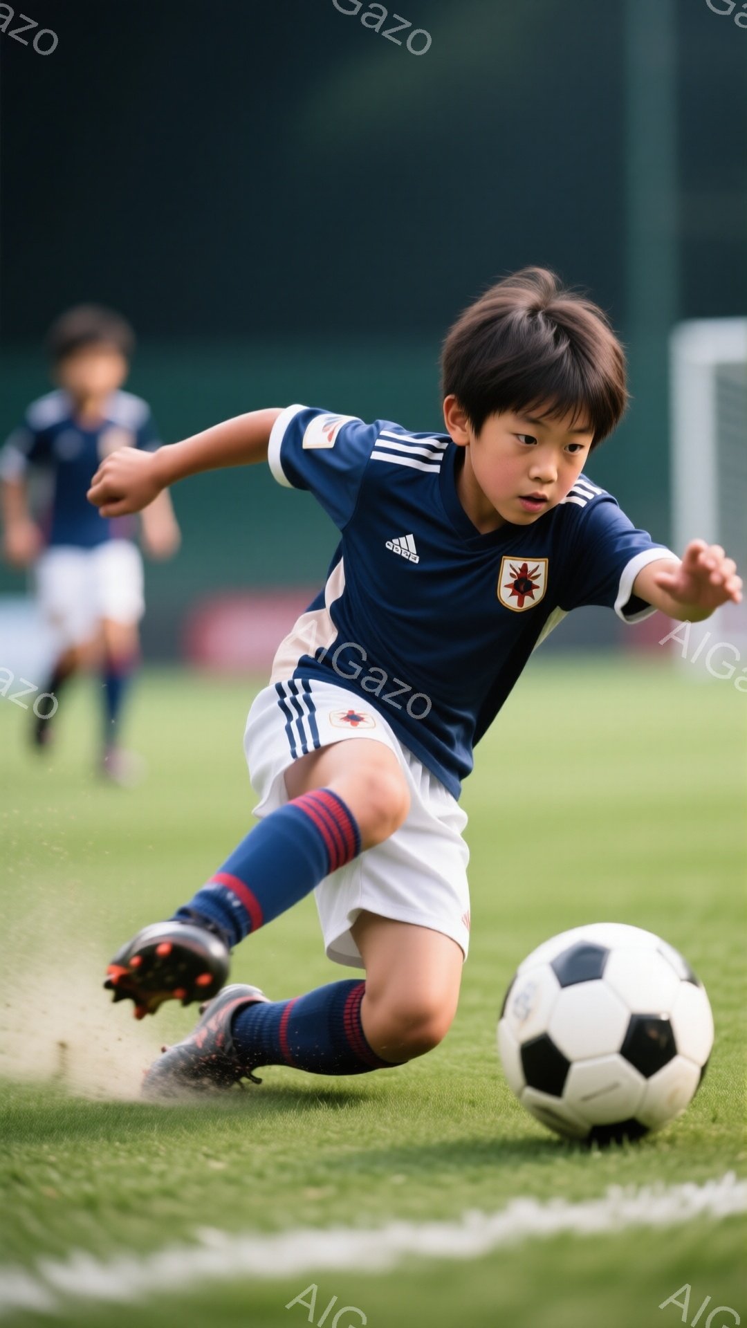少年はサッカーの試合中にボールを追いかけている様子が写っています。濃い青色のユニフォームに白いショートパンツ、赤いソックスと黒いスパイクを履き、髪は短く整えられています。背景には緑の芝生が広がり、遠く - AI生成フリー素材