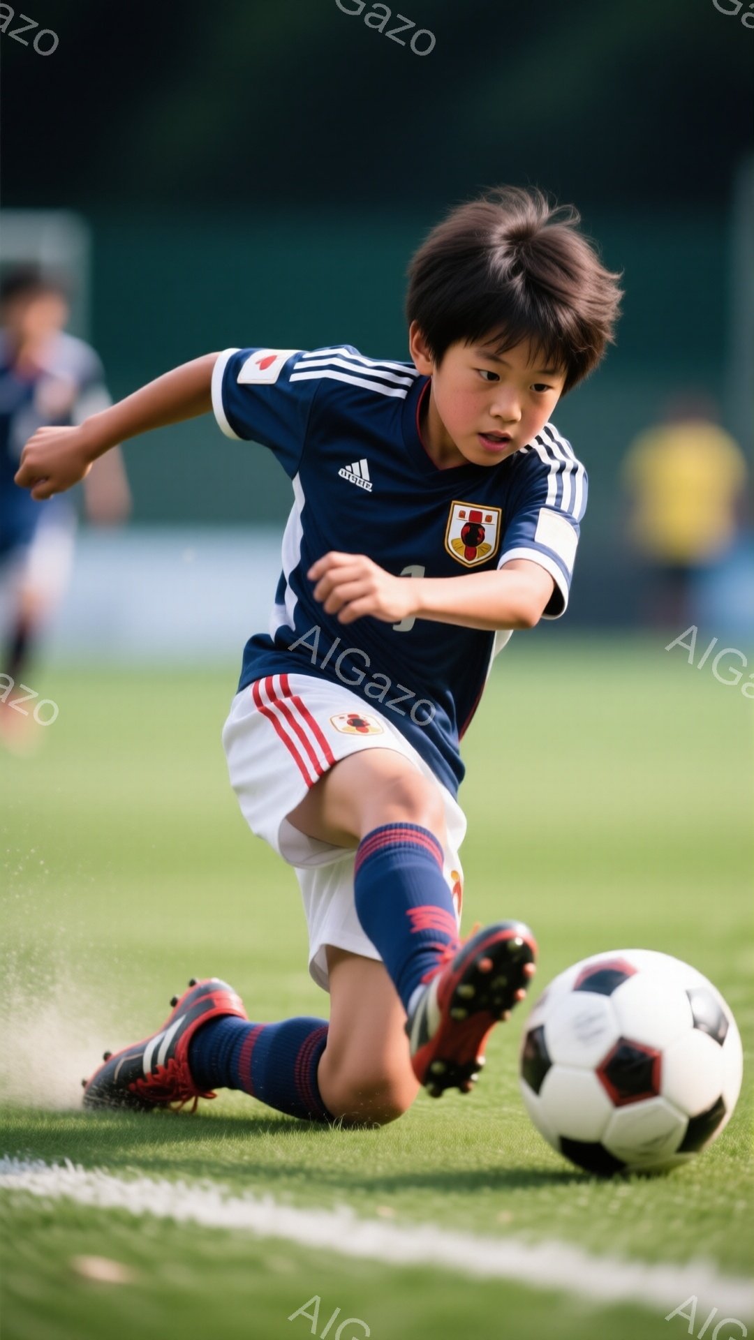 少年はサッカーの試合中にボールを蹴る瞬間を捉えられています。紺色のシャツに赤いラインと日本の旗が入り、白いショートパンツ、赤いソックス、そしてスパイクを履いています。背景は緑の芝生で、少しぼやけた他の - AI生成フリー素材