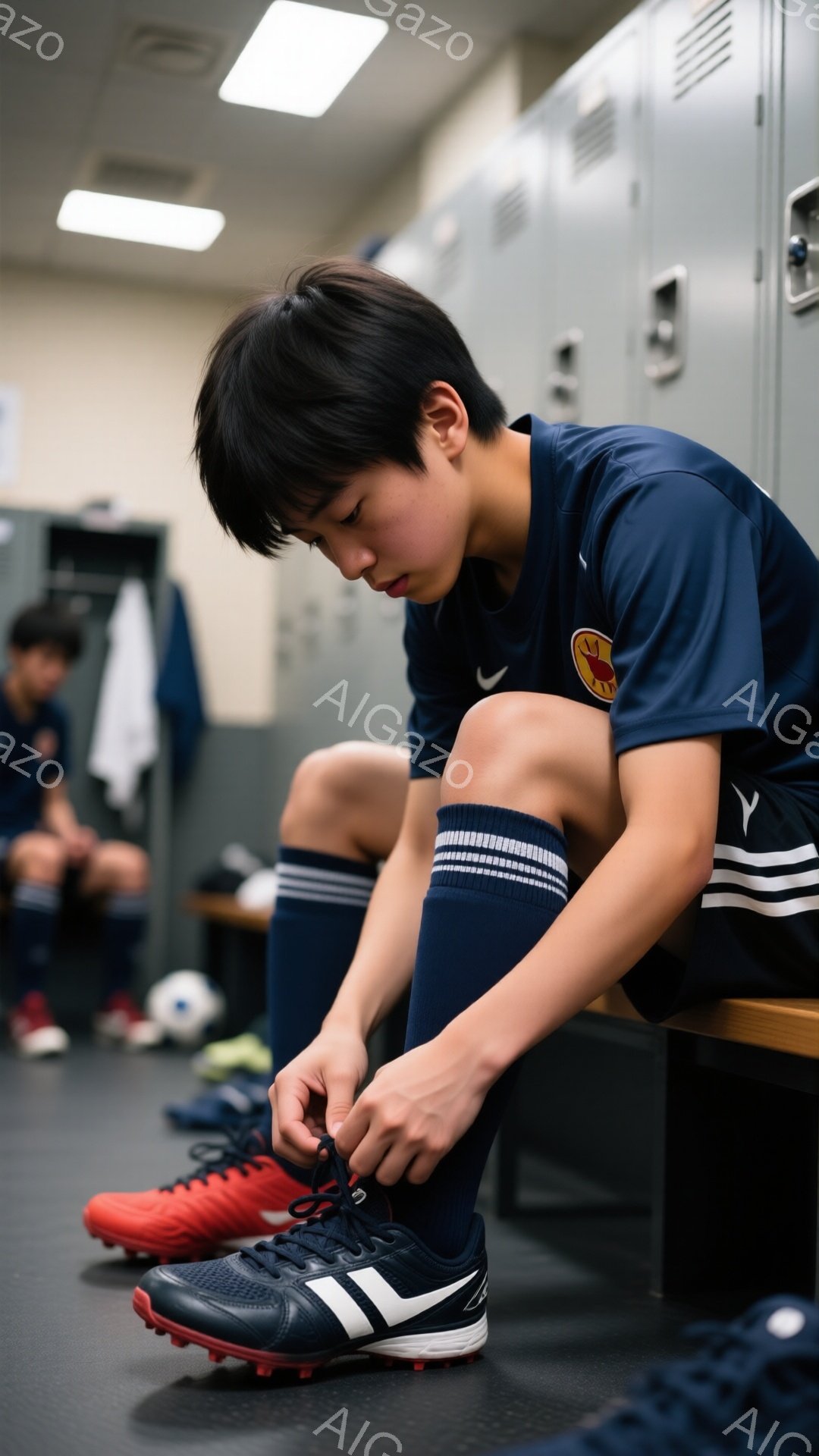少年はサッカーの練習のためにロッカールームのベンチに座り、スパイクの靴紐を締めています。紺色のユニフォームに白いラインと赤い日の丸のエンブレムがついており、ハイソックスを履いています。背景には他の選手 - AI生成フリー素材