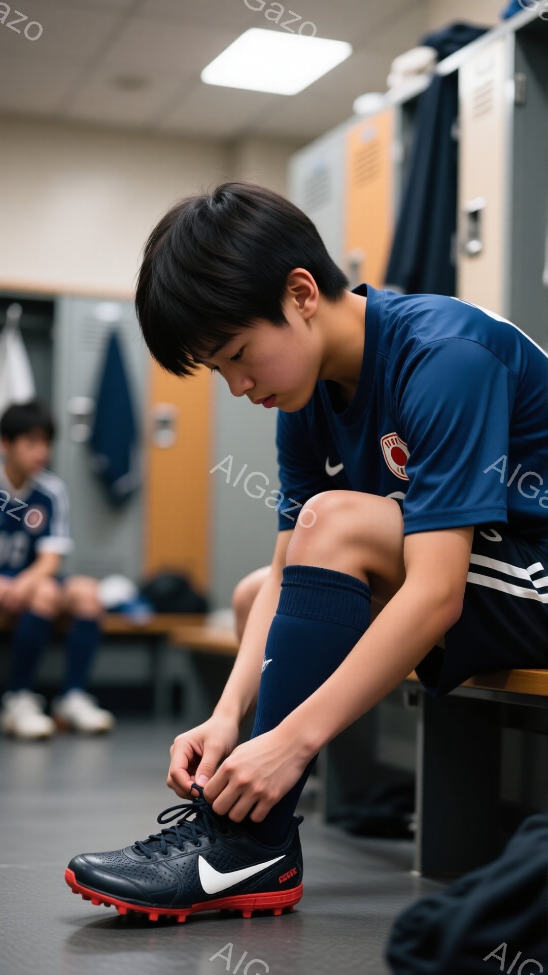 少年は青いサッカーユニフォームとソックスを身につけ、ロッカールームのベンチに座ってスパイクの靴紐を結んでいます。黒髪で前髪が少し伸びており、集中して靴紐を見つめている表情です。背景には他の選手やロッカ - AI生成フリー素材