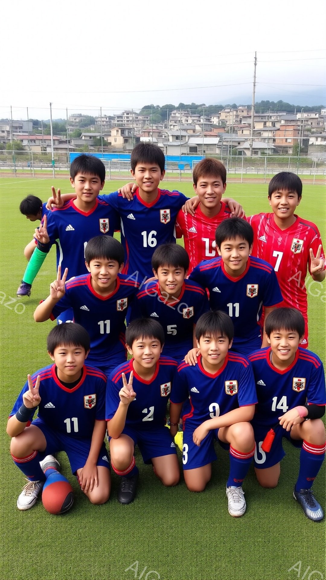 サッカーユニフォームを着た少年たちが芝生の上に整列して写っています。青色のユニフォームには数字と日本の国旗が描かれており、一部の少年はピースサインをして笑顔を見せています。背景には建物や緑豊かな丘が見え、晴れた日の屋外での撮影であることがわかります。