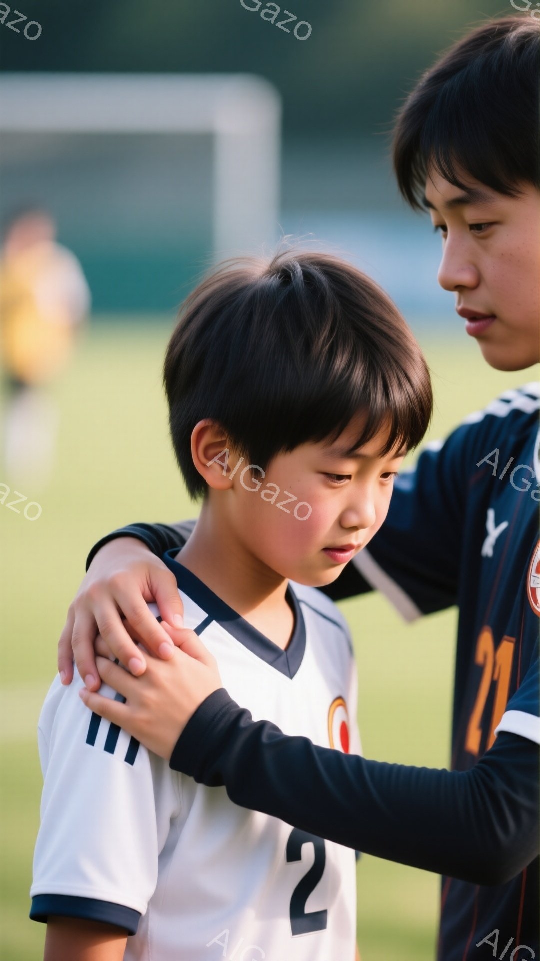 少年は白いサッカーユニフォームを着ており、背中に黒い数字の「2」がプリントされています。彼は肩を落とし、悲しげな表情を浮かべており、チームメイトらしき少年が心配そうに肩に手を置いています。背景には緑のサッカーフィールドが広がり、遠くにはぼやけた観客席が見え、晴れた日の試合後であると思われます。