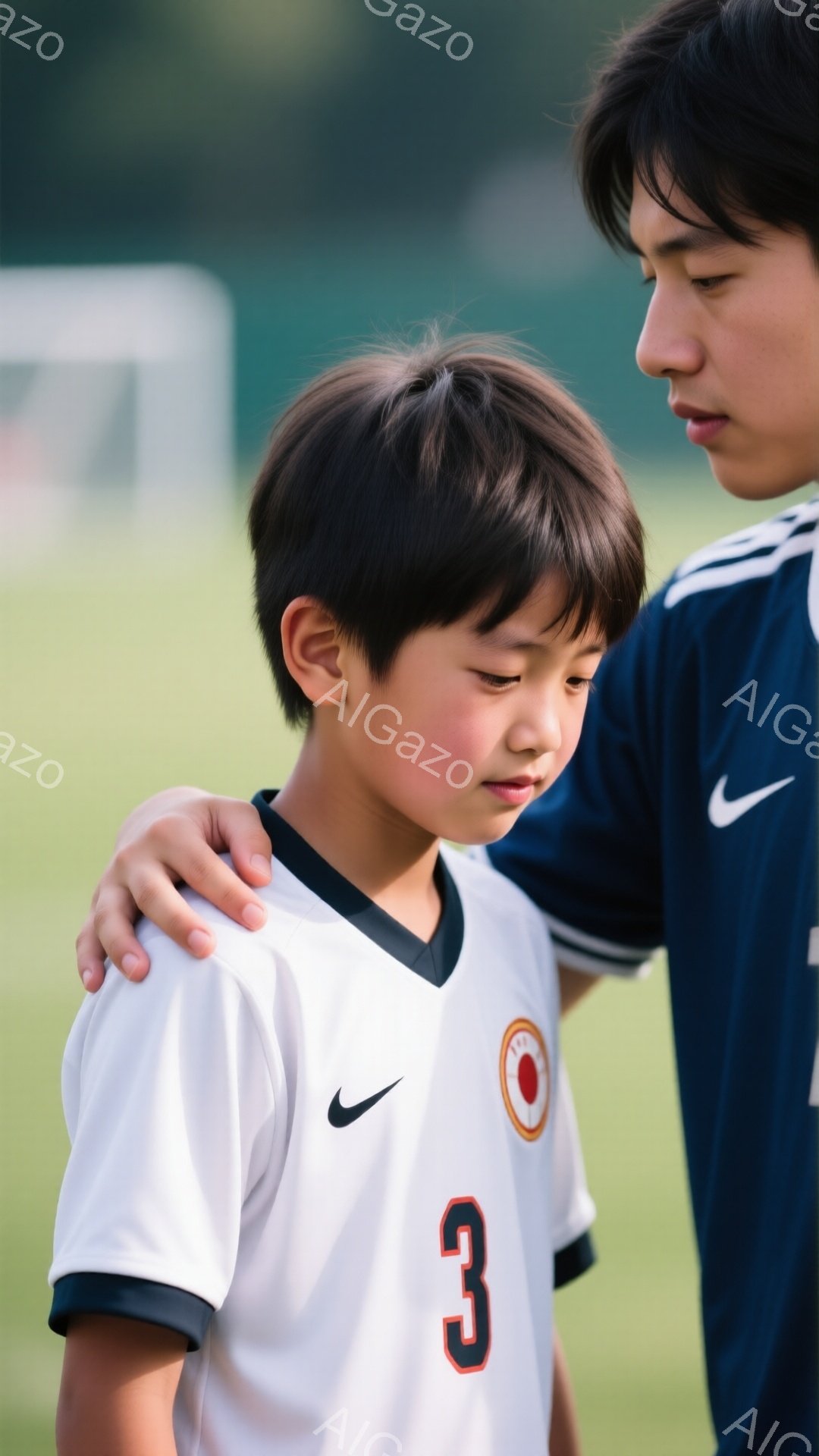 白いサッカーユニフォームを着た少年が少しうつむき、悲しそうな表情をしている。彼の肩に手が置かれたおり、背後には青いユニフォームを着た人物が立っている。背景は緑の芝生で、ぼやけた緑の建物が見え、やや曇りの日である様子がうかがえる。