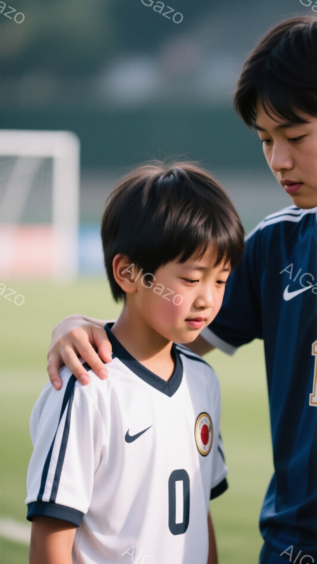 白いサッカーユニフォームを着た少年が、少しうつむき加奈しい表情をしている。背後から別の少年が肩に手を置き、慰めているようだ。背景には緑のサッカー場とぼやけた建物が見え、夕暮れ時の穏やかな雰囲気が漂っている。