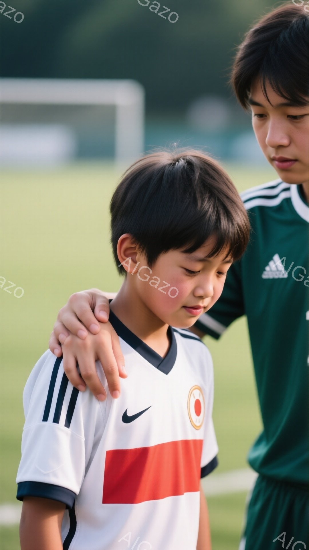 少年は白地に赤と黒のストライプが入ったサッカーユニフォームを着ており、少しうつむき加減で表情はやや悲しげです。背後には緑色のユニフォームを着た年上の少年が手を肩に置き、励ましているような様子が伺えます。背景は緑の芝生とぼやけたサッカーゴールがあり、晴れた日の屋外で撮影されたようです。