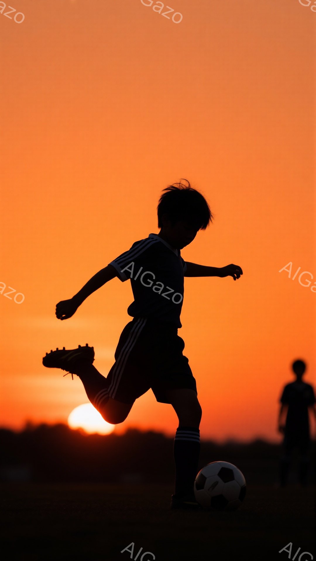 夕焼けを背景に、少年がサッカーボールを蹴るシルエットが印象的な写真です。少年は黒いユニフォームとソックスを着用し、髪は短く整えられています。背景はオレンジ色に染まった空と地平線上の緑の草地で、全体的に - AI生成フリー素材
