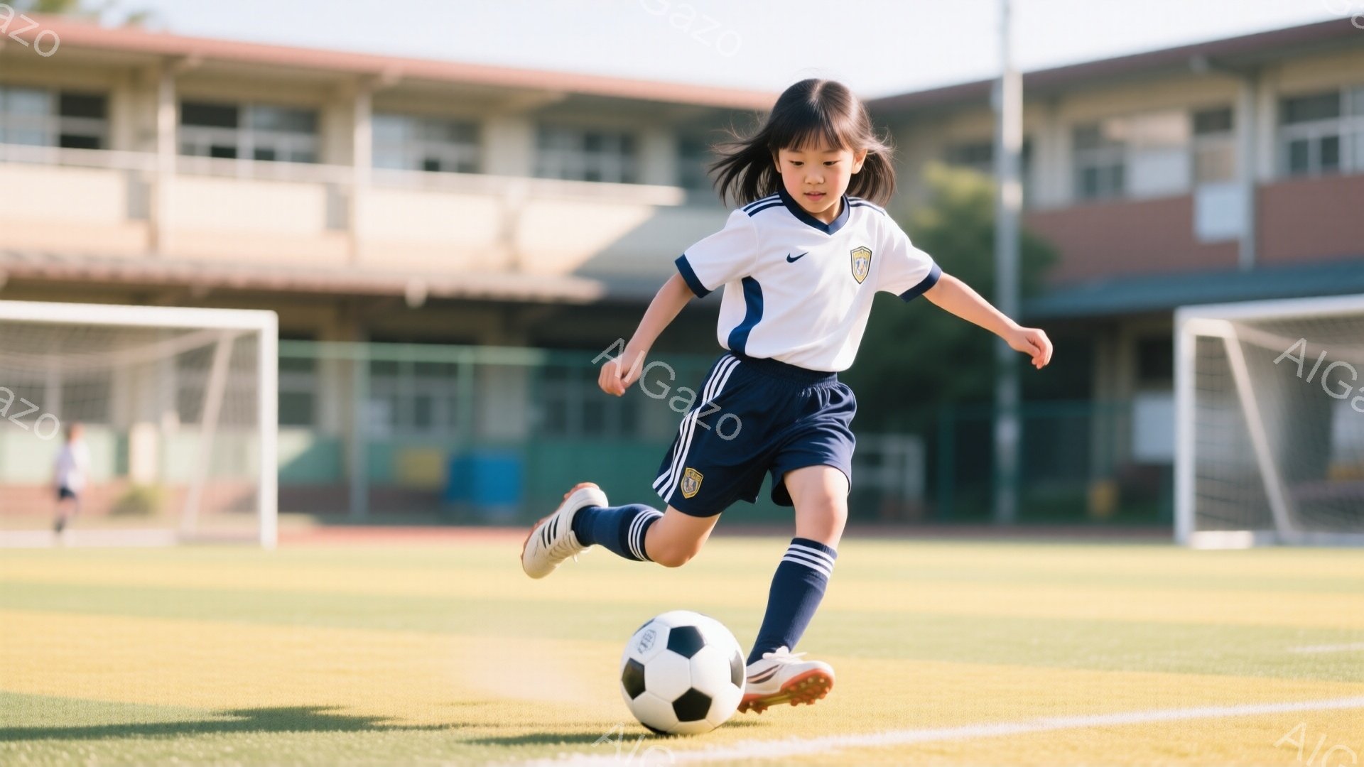 白いサッカーユニフォームに紺色のショートパンツとソックスを履いた少女が、緑の芝生の上でボールを蹴っています。彼女は髪を後ろで一つに結び、集中した表情でボールを見つめています。背景にはサッカーゴールと灰 - AI生成フリー素材
