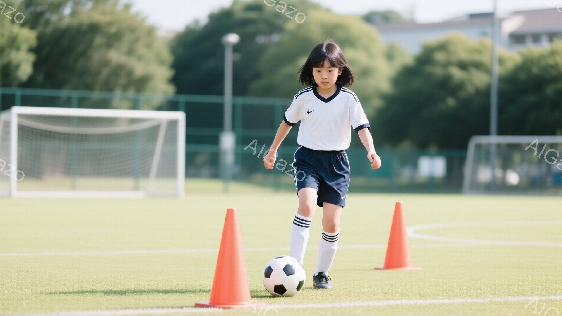 少女はサッカーの練習をしている様子で、白の半袖シャツと紺色の短パン、白い靴下と黒いスパイクを履いている。彼女はドリブルでボールを運び、真剣な表情でオレンジ色のコーンの間を縫うように進んでいる。背景には - AI生成フリー素材