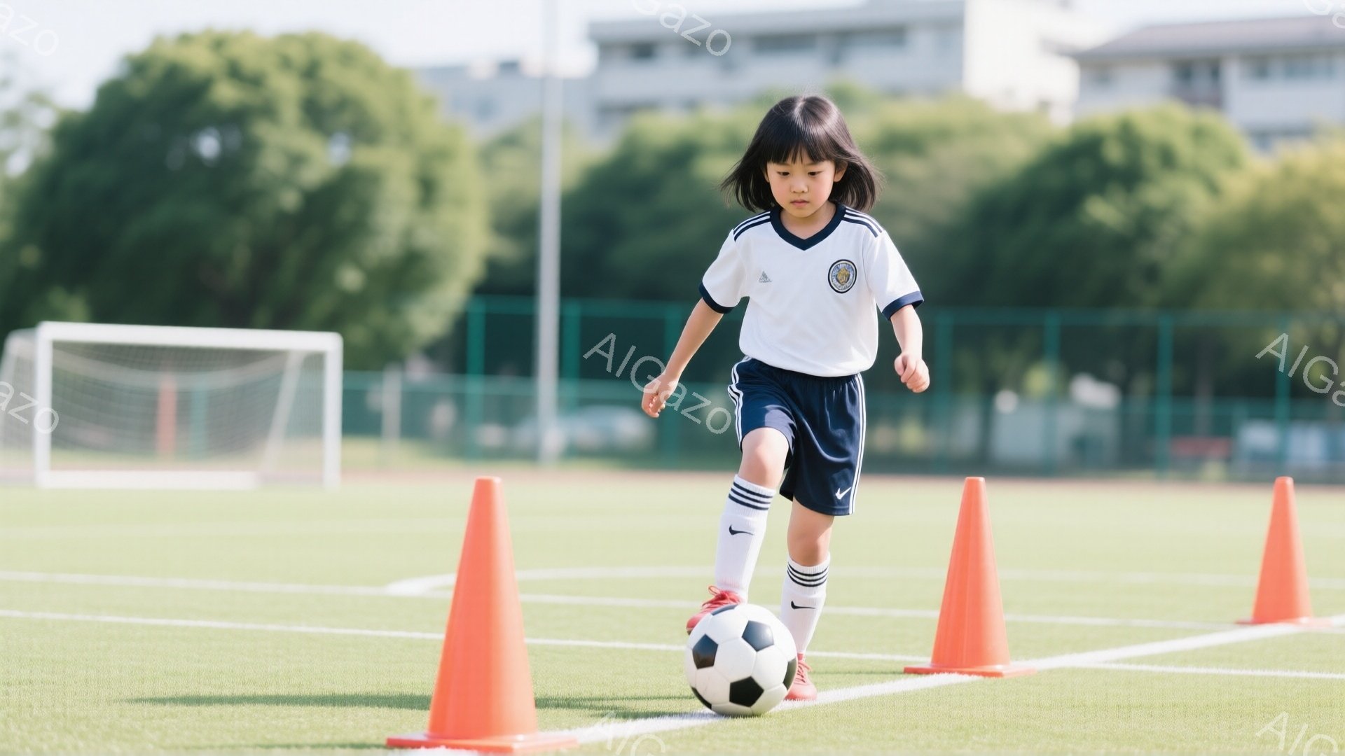 少女はサッカーボールをドリブルしながら、オレンジ色のコーンが並んだコースを走っている。白地に青のラインが入ったサッカーユニフォーム、白いソックス、赤いサッカーシューズを着用し、黒髪を後ろで一つにまとめ - AI生成フリー素材