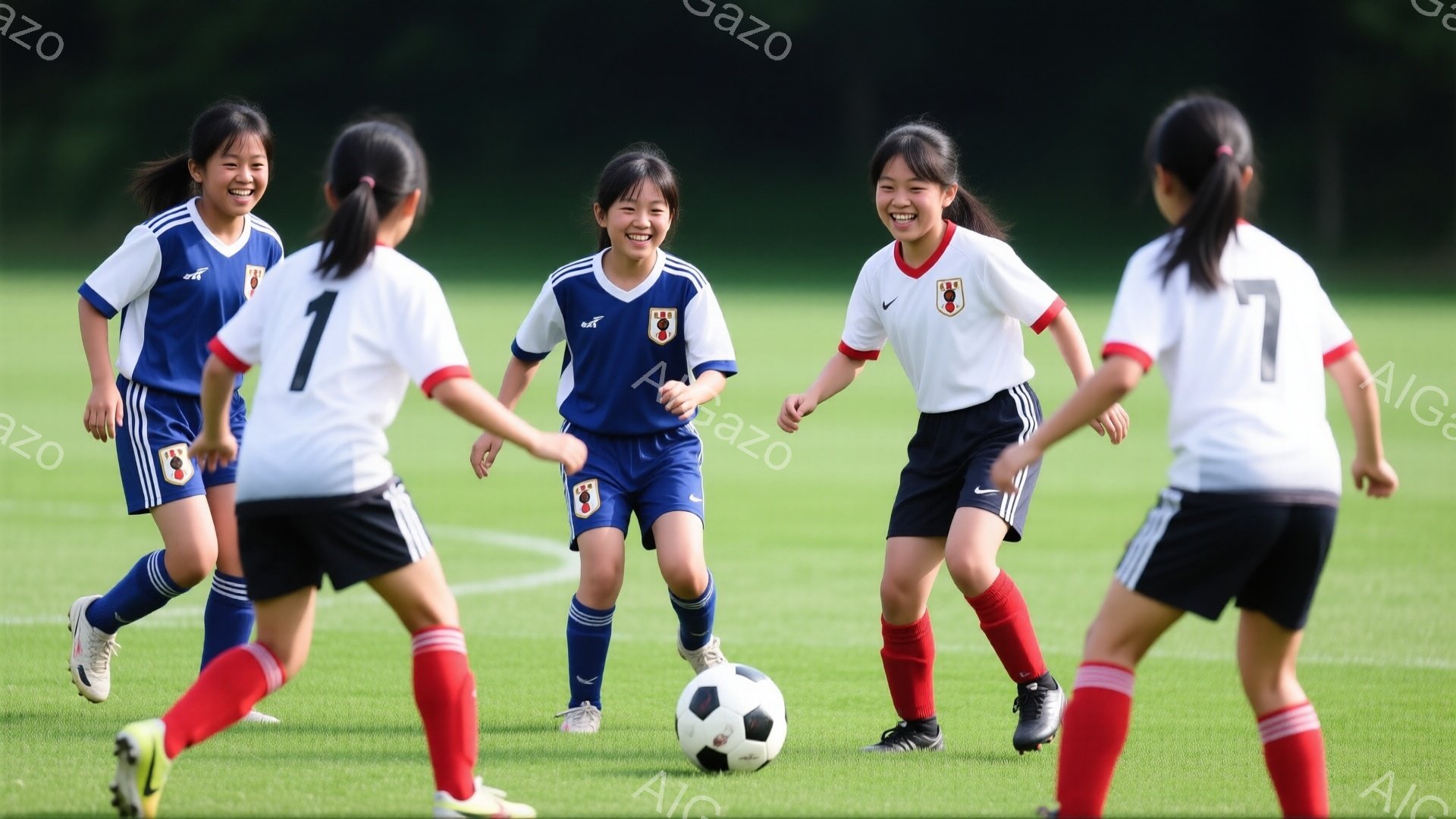 少女たちがサッカーの試合をしている様子が写っている。紺色と白のユニフォームを着ており、赤いソックスと黒いスパイクを履いている。彼女たちは皆笑顔で、ボールを中心に集まり、活気のある雰囲気である。