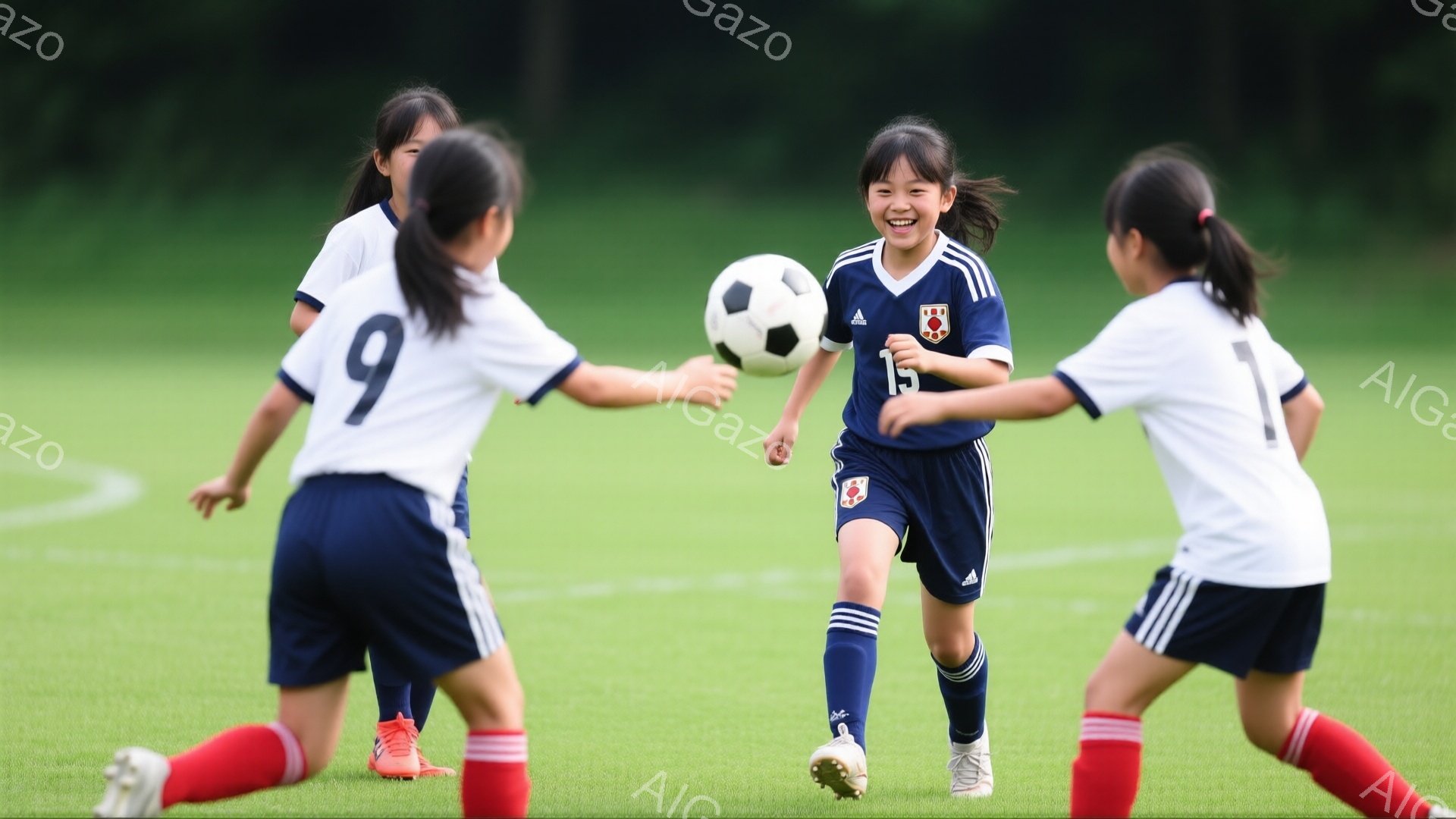 鮮やかな緑の芝生の上で、紺色のユニフォームを着た少女がサッカーボールをドリブルしている。彼女は明るい笑顔で前を見据え、他の白いユニフォームの少女たちは彼女を取り囲み、パスを受ける準備をしているようだ。背景には木々が茂り、晴れた日のサッカーの練習風景を捉えた活気のある一枚である。
