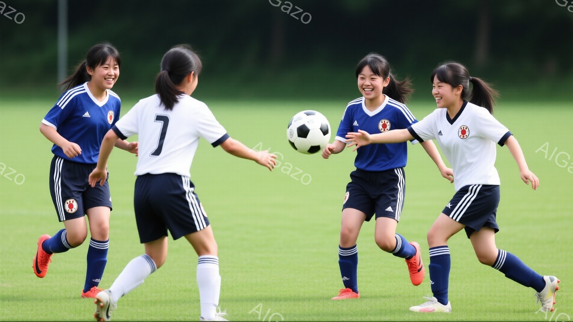 紺色のユニフォームと白いユニフォームを着た4人の若い女性が、緑の芝生のサッカー場でボールを巡って走っている。彼女たちは皆、ポニーテールで、笑顔を見せており、活気に満ちた表情で、競技を楽しんでいる様子が伺える。背景には木々が見え、晴天の下で屋外でのスポーツ活動を行っている様子がうかがえる。