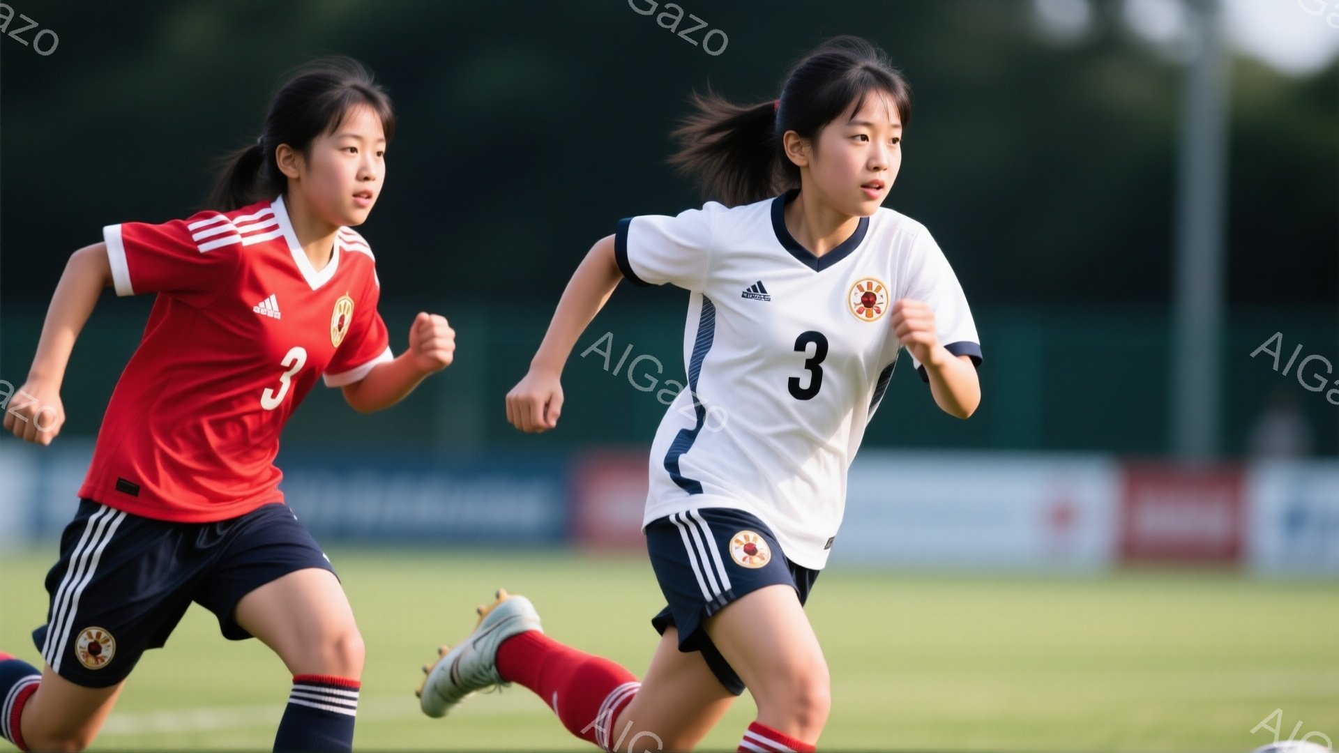 2人の少女がサッカーの試合中と思われる芝生の上を走っている。彼女たちはそれぞれ赤と白のユニフォームを着ており、背中には「3」の番号が書かれている。背景には緑の芝生とぼやけた観客席、そして太陽の光が差し - AI生成フリー素材