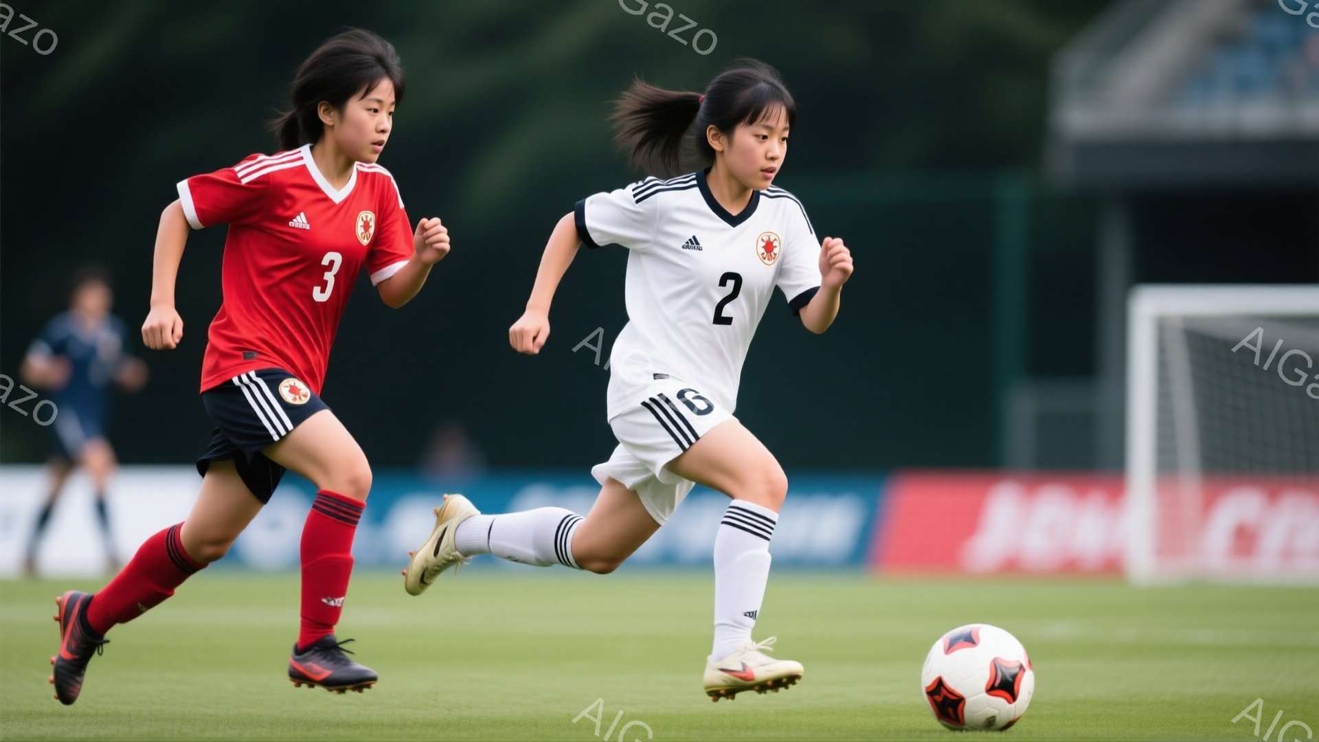 少女たちは緑の芝生の上をサッカーボールを追いかけながら走っている。一人は白いユニフォームとポニーテール、もう一人は赤いユニフォームを着ており、集中した表情でボールを見つめている。背景にはサッカーゴール - AI生成フリー素材