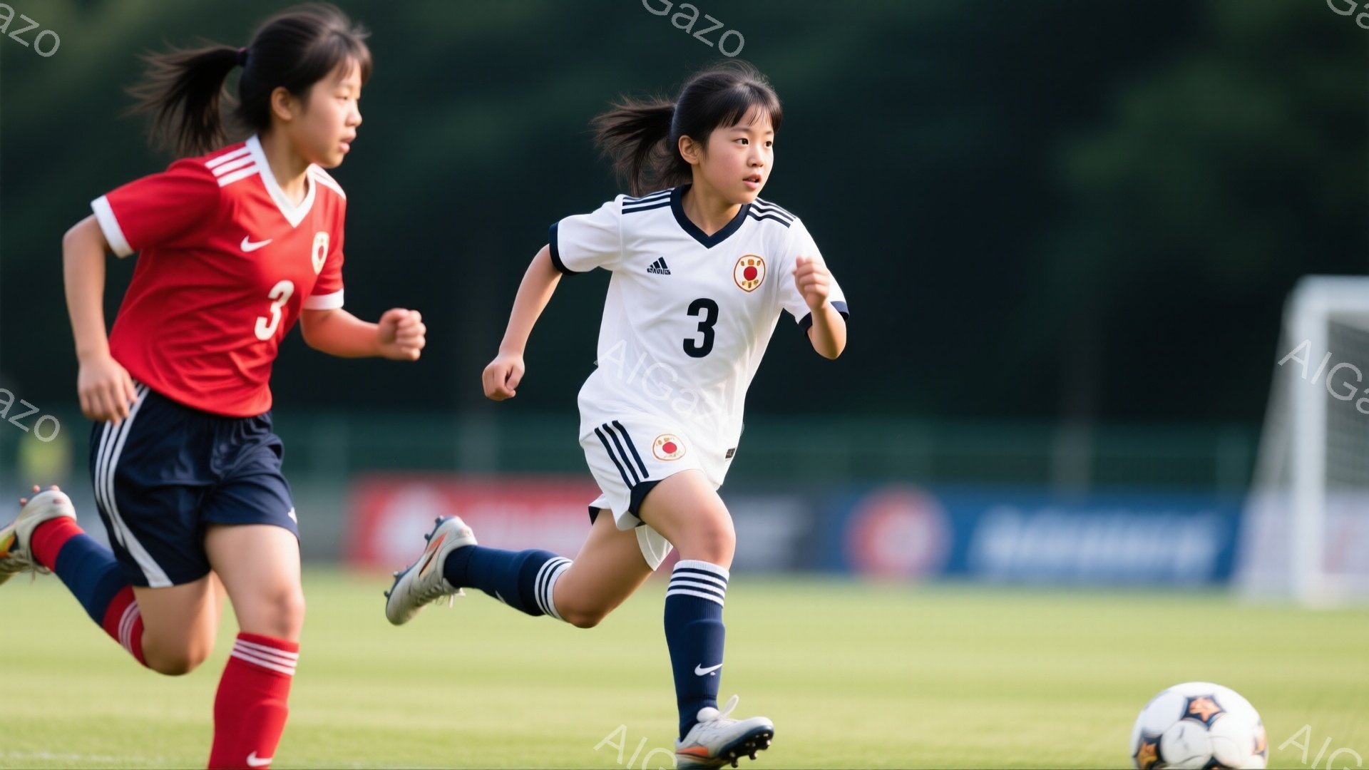 白いサッカーユニフォームを着た若い女性選手が、緑の芝生の上を力強く走っている。彼女は黒いソックスとスパイクを履き、髪をポニーテールにしている。背景には、もう一人の赤いユニフォームを着た選手と、ぼやけたサッカーゴールが見え、全体的に活気のある運動の雰囲気が漂っている。