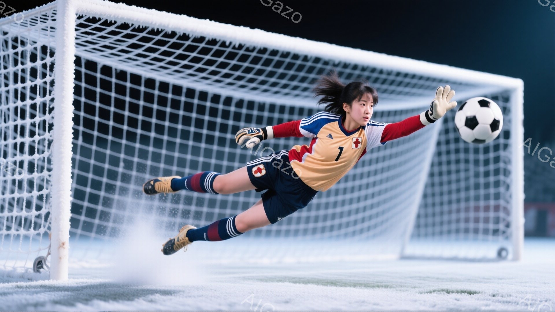 雪が降るサッカー場で、日本のユニフォームを着た女性ゴールキーパーが、ボールをキャッチするためにダイブしている様子が写っている。彼女は茶色の髪をポニーテールにし、集中した表情で空中に体を伸ばし、黒と赤のストライプのソックスとスパイクを履いている。背景には白い雪に覆われたサッカー場と、ぼやけたサッカーゴールが見え、厳しい冬の雰囲気を感じさせる。