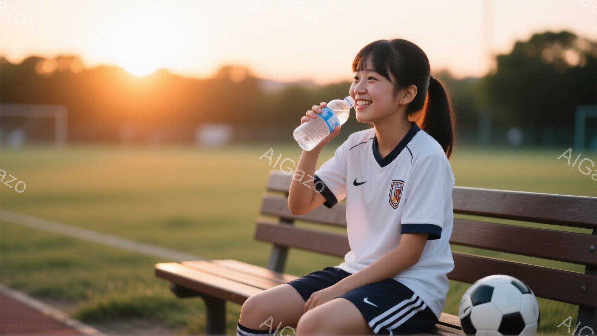 若い女性がサッカーの試合後、ベンチに座って水を飲んでいます。彼女は白い襟付きのユニフォームと短い紺色のパンツを着用し、髪はポニーテールにまとめています。背景には緑のサッカー場とゴールが見え、夕暮れ時の穏やかな光が差し込んでおり、リラックスした雰囲気が漂っています。