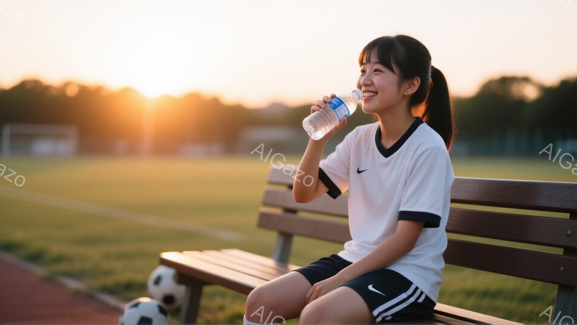 明るい笑顔の若い女性が、緑の芝生のあるサッカー場のベンチに座って水を飲んでいます。彼女は黒と白のストライプが入った白いサッカーシャツと短いショーツを着用し、髪はポニーテールに結ばれています。背景には夕焼けの空とサッカーボールが見え、爽やかでリラックスした雰囲気が漂っています。