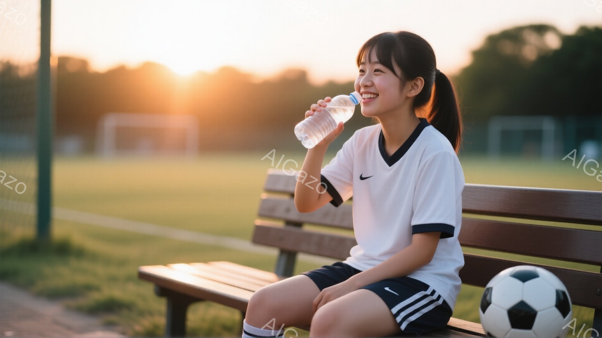 若い女性がサッカー場のベンチに座り、水を飲んでいます。彼女は白い襟付きの半袖シャツ、黒いショートパンツ、白いソックスを着用し、髪はポニーテールに結ばれています。背景には緑のサッカー場とゴール、そして夕焼けの空が広がっており、リラックスした穏やかな雰囲気が漂っています。