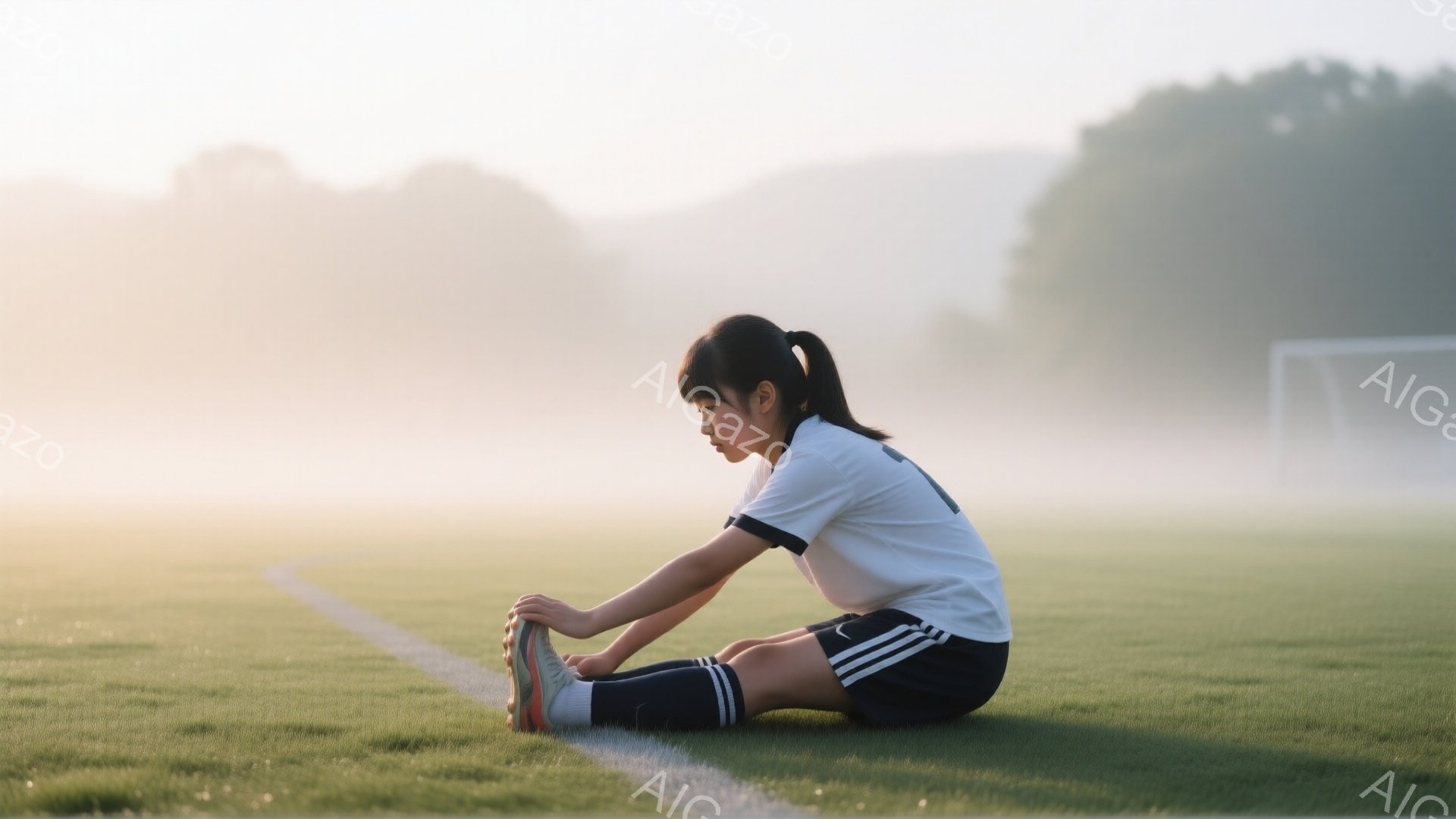 短い黒髪をポニーテールにした少女が、緑の芝生のあるサッカー場に座ってストレッチをしている。白い半袖シャツと黒いショートパンツ、白いソックスとオレンジ色のスニーカーを履いている。背景は朝霧に包まれ、遠くにサッカーゴールが見え、静かで穏やかな雰囲気が漂っている。