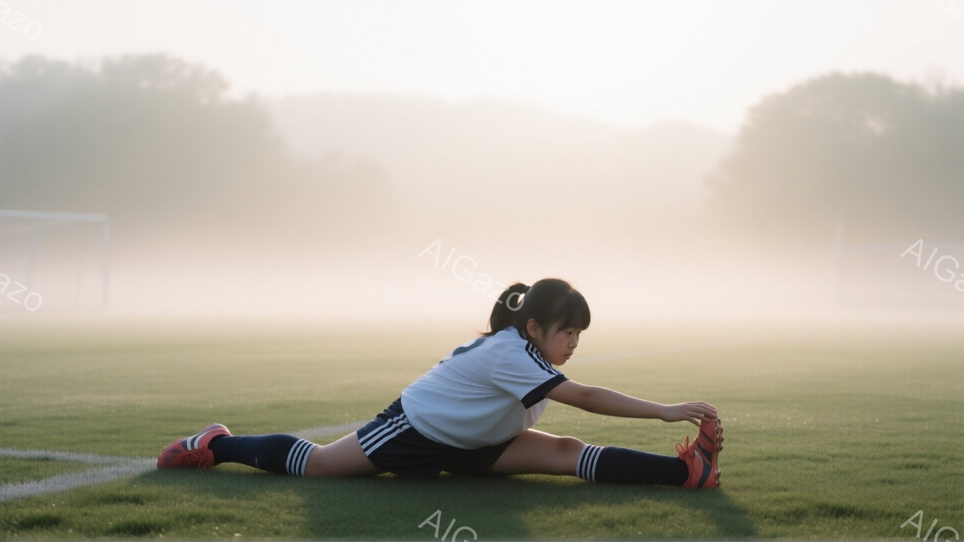 少女は緑の芝生の上で開脚ストレッチをしている。白地に水色のラインが入った半袖シャツと黒のショートパンツ、ピンクのサッカーソックスとスパイクを履いている。背景は霧に包まれ、遠くにはぼんやりと木々が見え、朝の静かで柔らかな光が全体を包んでいる。