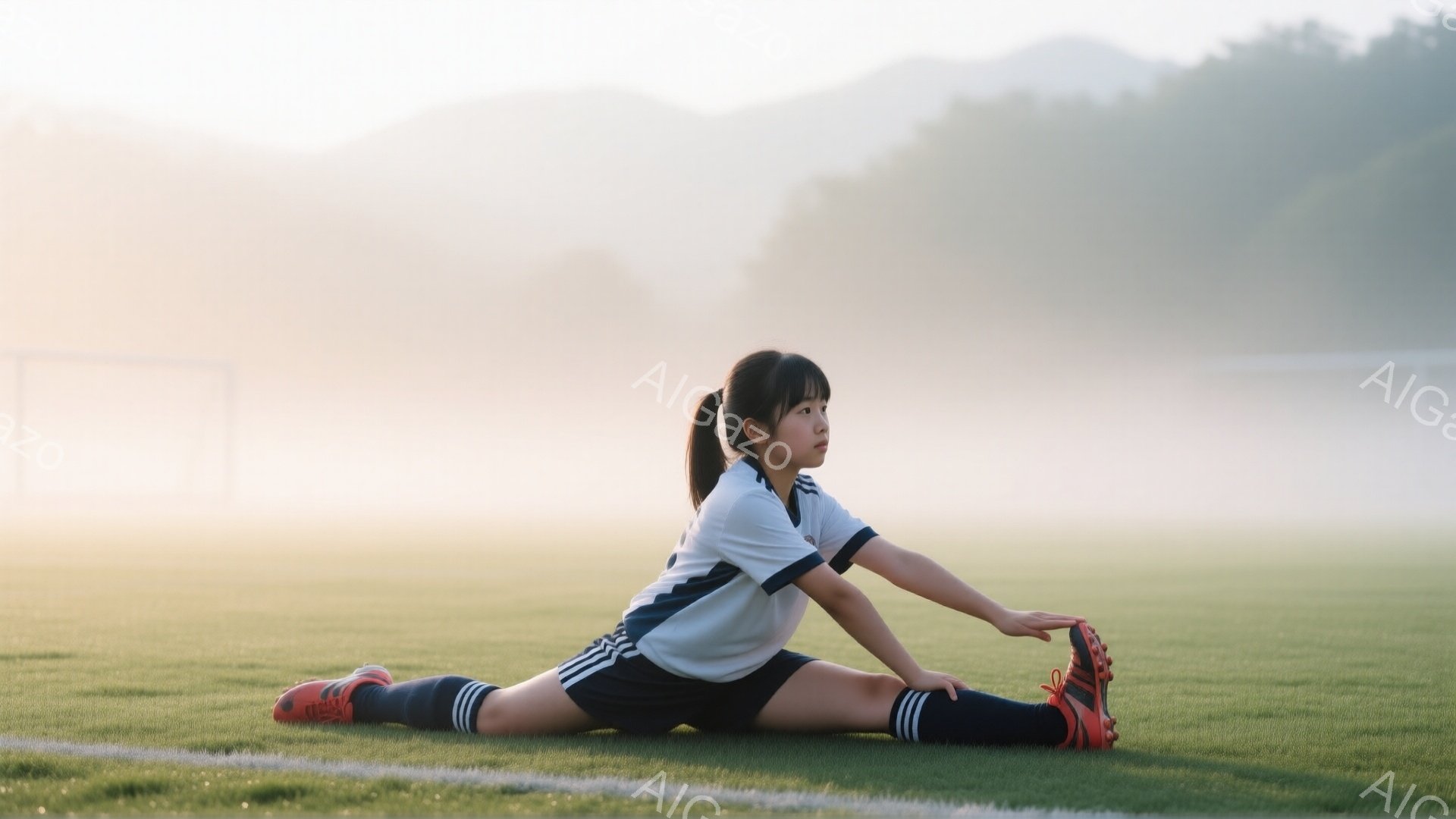 少女は緑のサッカー場でストレッチをしている。白い半袖シャツと黒いショートパンツ、そして赤いスパイクを履いている。背景には霧がかかった山々とサッカー場のフェンスが見え、朝の静かで穏やかな雰囲気が漂っている。