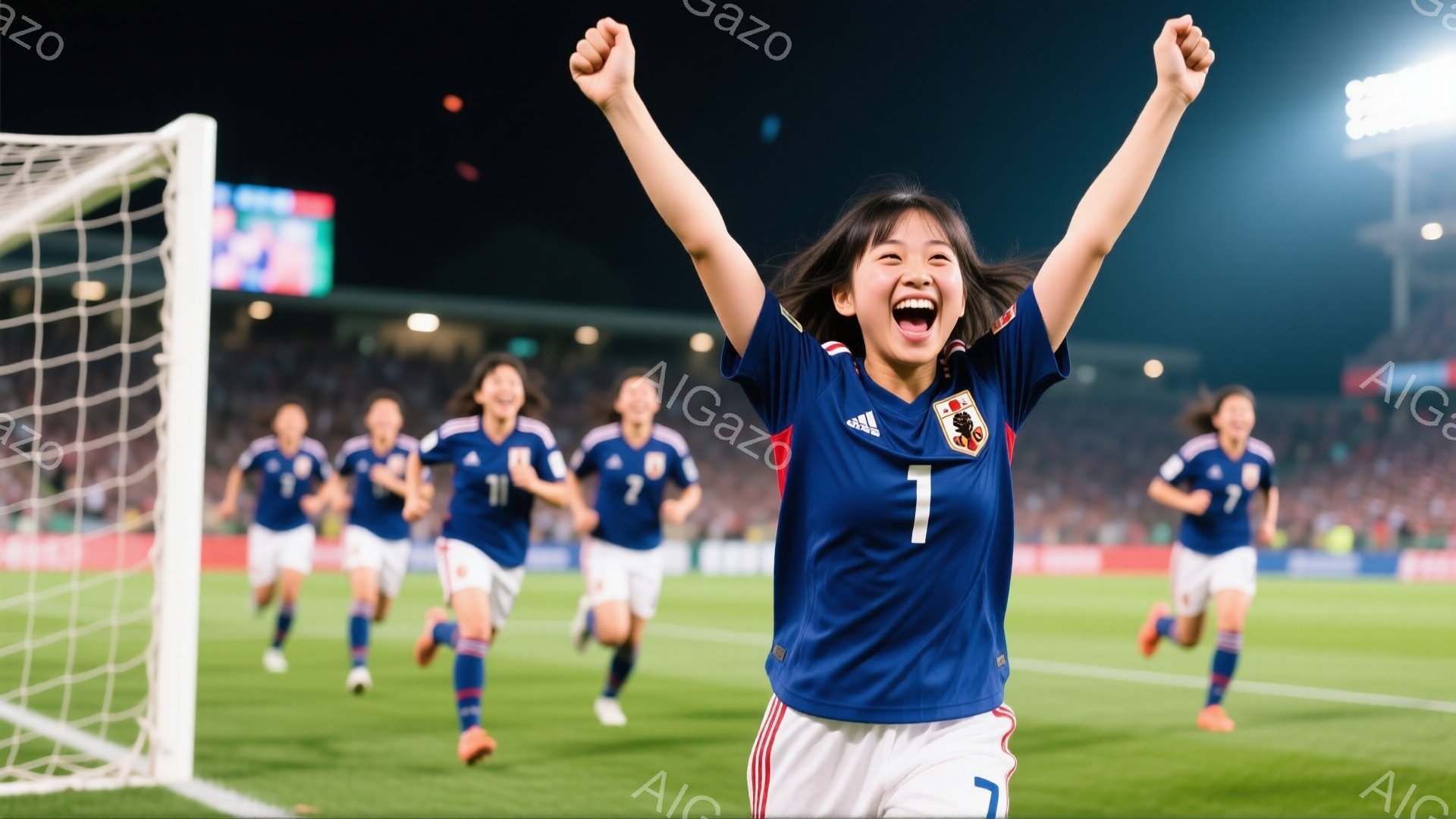 サッカーの試合で、日本のユニフォームを着た女性選手が両手を高く上げ、歓喜しています。彼女は黒いロングヘアで、満面の笑みを浮かべており、背景にはチームメイトたちが走り、観客席には多くの観客がいます。夜間のスタジアムで、勝利の瞬間を捉えた活気のある写真です。