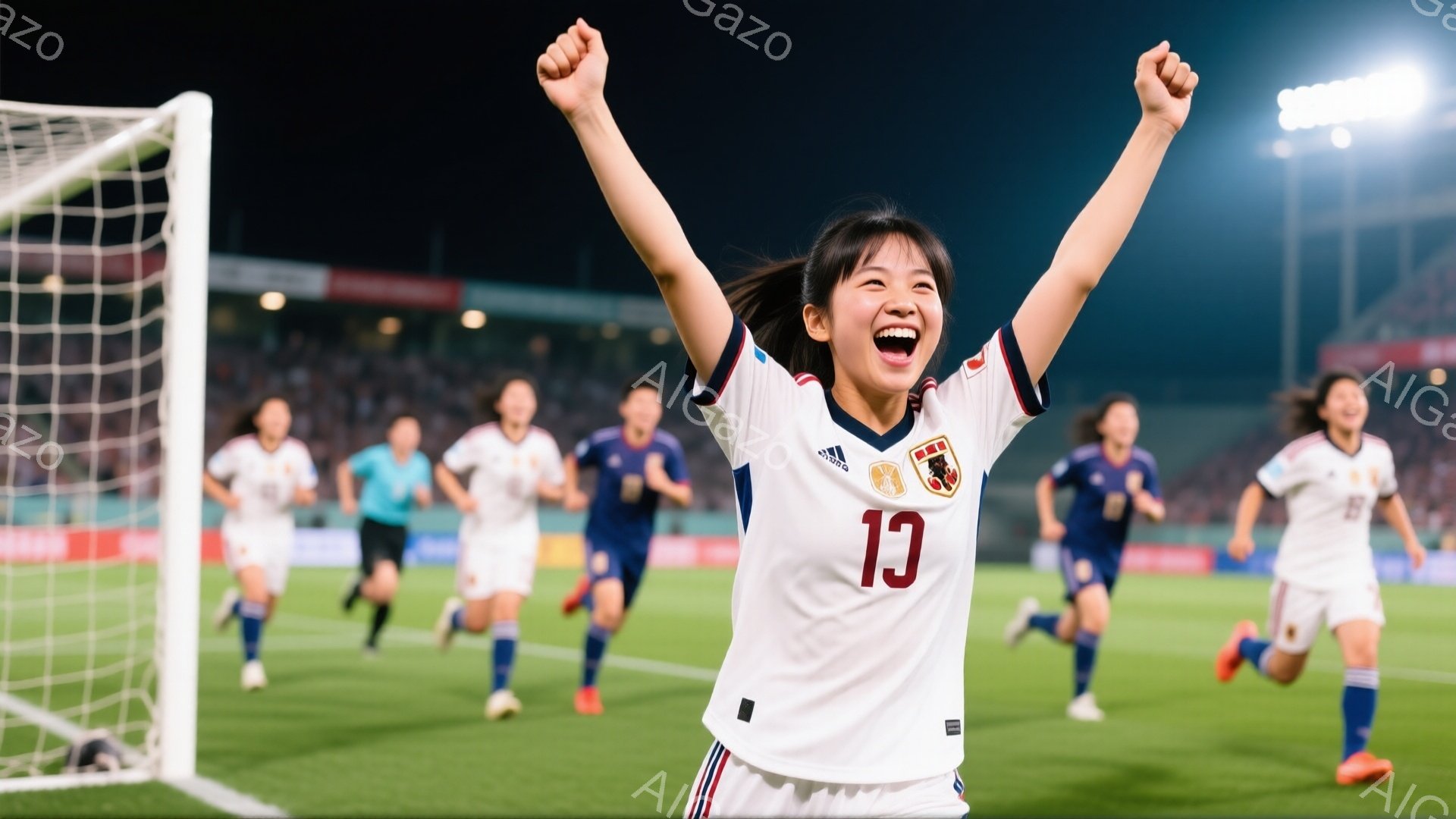 画像は、サッカーの試合後、日本の女子選手が勝利を喜んでいる様子を捉えています。彼女は白を基調としたユニフォームに「10」の背番号を付け、両手を高く上げて満面の笑みを浮かべています。背景には他の選手たちが走り、観客席がぼやけて見え、夜間のスタジアムの熱狂的な雰囲気が伝わってきます。
