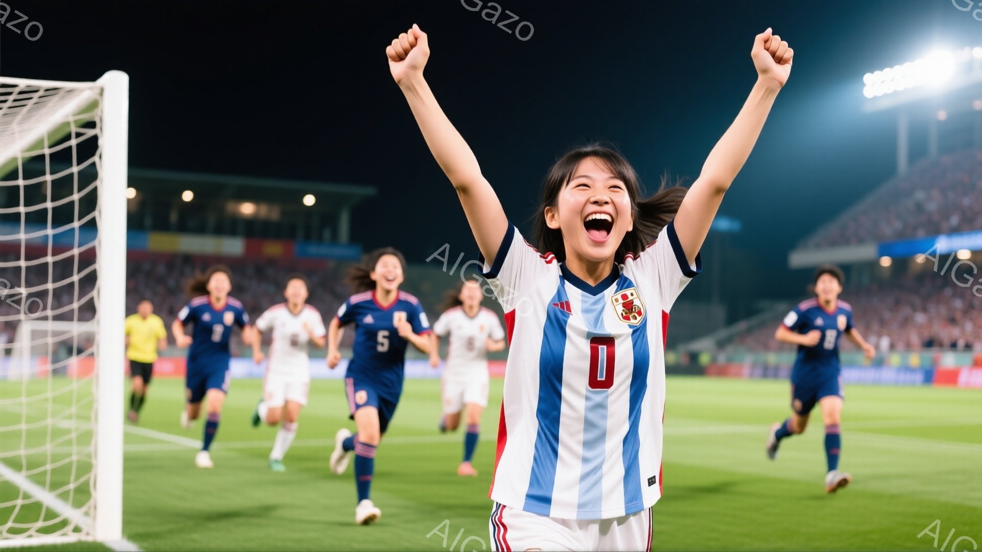 鮮やかな緑の芝生の上で、日本の女子サッカー選手たちが勝利に向かって走り、歓喜の表情を浮かべている。先頭を走る選手は、赤と白のストライプのユニフォームを着て両手を高く上げ、満面の笑みを浮かべている。背景には、観客席の観客と照明がぼやけ、夜のサッカー場の興奮と高揚感が伝わってくる。