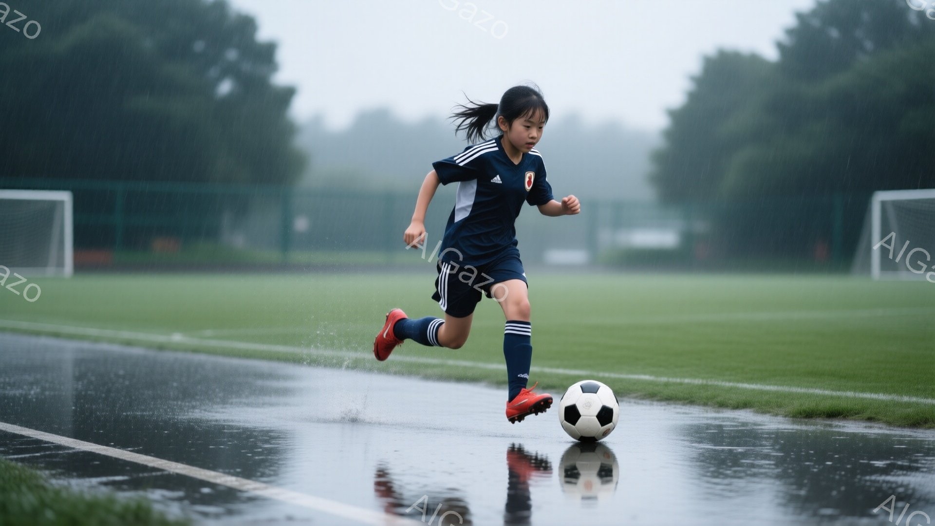 雨の中、少女がサッカーボールをドリブルしている。彼女は紺色のユニフォームと黒いショートパンツを着用し、赤いスパイクを履いている。背景には緑の芝生とサッカーゴールが見え、雨で濡れたピッチが広がり、活気あ - AI生成フリー素材