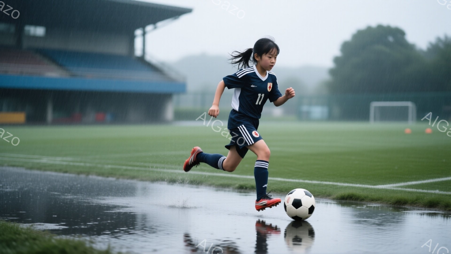 少女はサッカーボールをドリブルしながら、雨の降るサッカー場を走っている。紺色のユニフォームに11の数字が描かれ、赤い靴を履いている。背景には観客席とゴールが見え、雨粒が水たまりに反射している様子から、試合後または雨天時の練習風景がうかがえる。