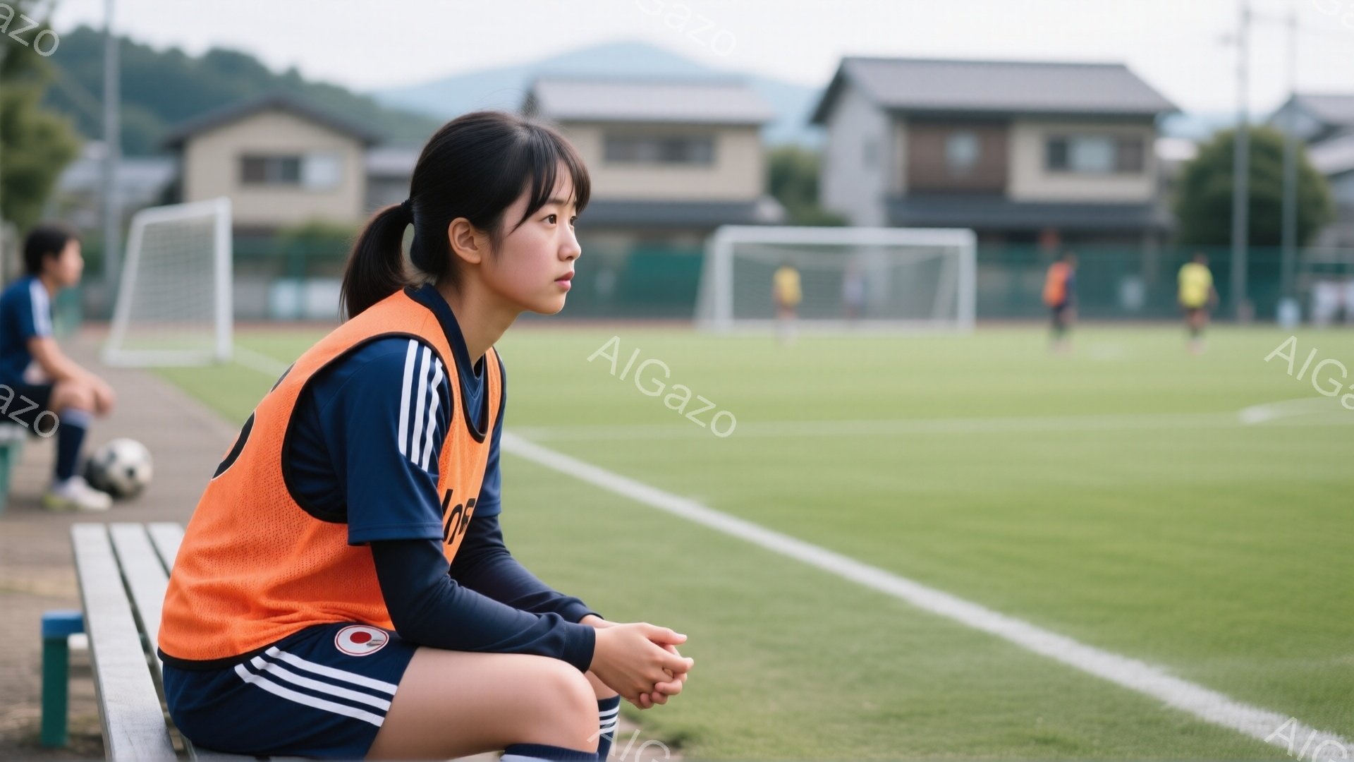 長い髪をポニーテールにした若い女性が、サッカー場のベンチに座って遠くを見つめています。彼女は紺色の長袖シャツにオレンジ色のベスト、黒いショートパンツ、白いソックスを履いており、少し物憂げな表情をしています。背景には緑のサッカー場とゴール、そして住宅地が広がり、晴れた日の穏やかな雰囲気が漂っています。
