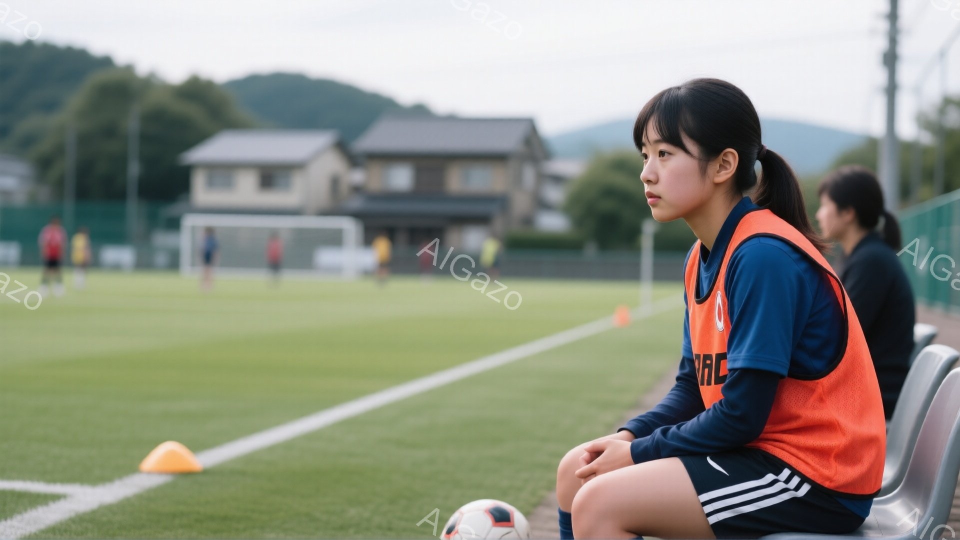 少女はオレンジ色のベストと黒のショートパンツ、ソックスを着用し、ベンチに座って少しうつむき加減で前を見つめている。背景には緑のサッカー場とゴール、遠くに家々や山々が見え、晴天の下、練習風景が広がっている。彼女の表情はどこか物思いにふけっているようで、練習試合や試合の緊張感が感じられる。