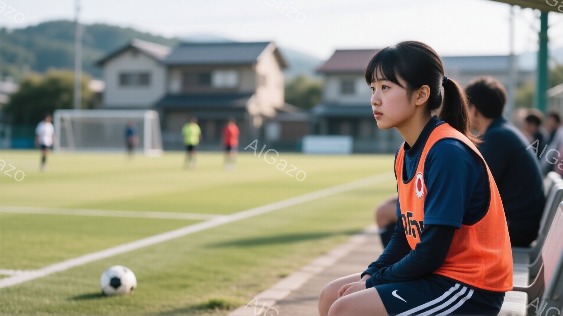 画像には、サッカーの試合が行われていると思われるグラウンドの横のベンチに座る若い女性が写っています。彼女は紺色の長袖シャツにオレンジ色のベスト、黒のショートパンツ、そしてスニーカーを履いており、ポニーテールにしています。彼女は少し憂いを含んだ表情で、遠くの試合の方角を見つめており、全体的に物憂げで静かな雰囲気が漂っています。