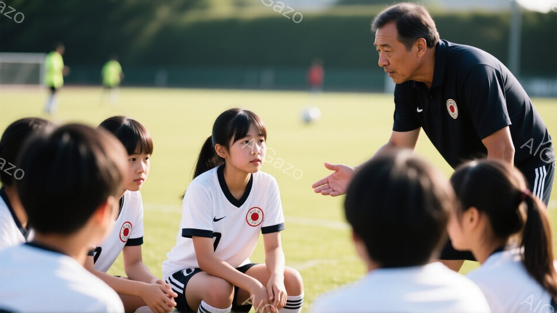 サッカーの練習風景で、何人かの少女たちが地面に座り、コーチから何か指示を受けている。少女たちは白いユニフォームに黒いショートパンツ、白いソックスを履いており、髪はポニーテールにしている。コーチは黒いポロシャツと黒いズボンを着用し、身振り手振りを交えて熱心に話している。