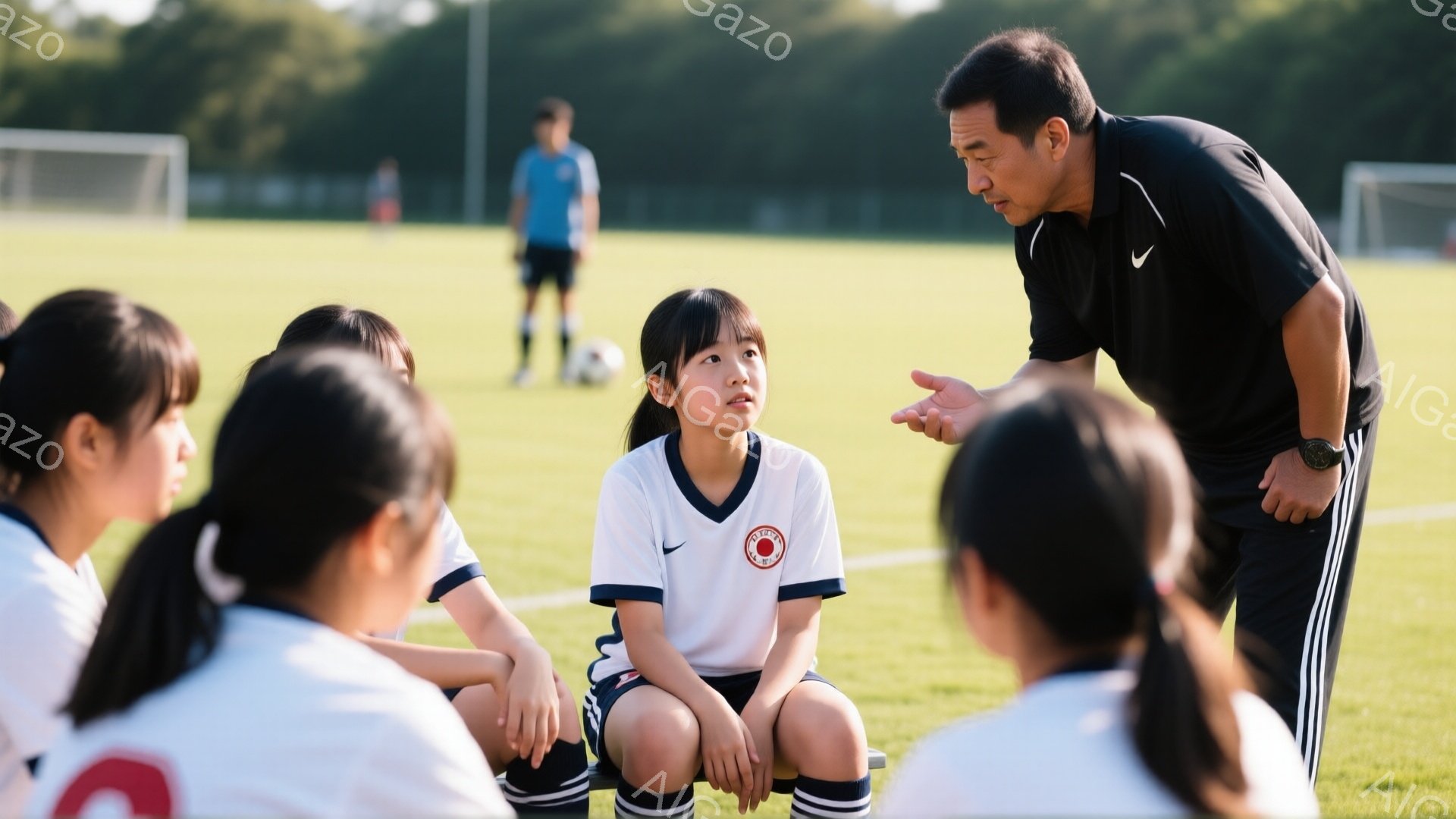 サッカーの練習風景で、一人の少女を中心に、コーチが何かを説明している様子が写っています。少女は白いユニフォームに黒い短パン姿で、やや緊張した表情でコーチの言葉に耳を傾けており、周りには同じユニフォームを着たチームメイトたちが座っています。背景には緑の芝生とサッカーゴールが見え、晴天の下、活気のある練習が行われていることがわかります。
