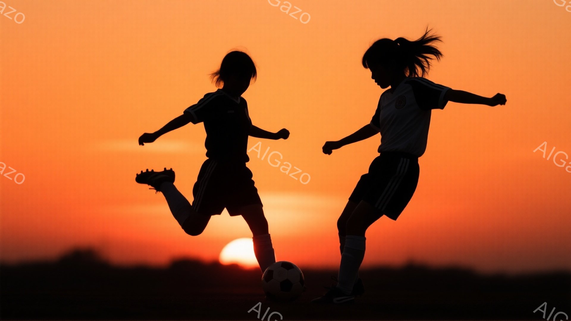 2人の女性が夕暮れの空の下でサッカーをしているシルエットが描かれています。彼女たちはサッカーユニフォーム（白いシャツと黒いショーツ）を着用し、髪は後ろでポニーテールにしています。背景はオレンジ色と赤色のグラデーションで、太陽が地平線に沈みかけており、全体的に躍動感と情熱的な雰囲気が漂っています。