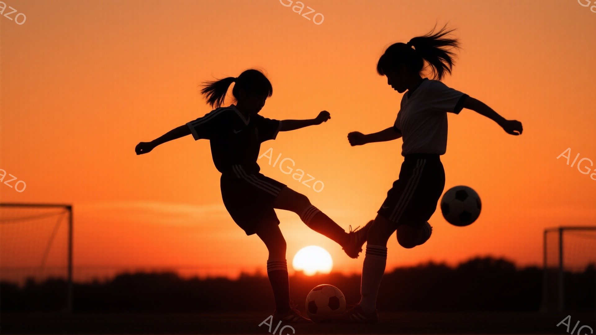 夕焼けを背景に、サッカーボールを蹴る二人の少女がシルエットで描かれている。彼女たちは短いパンツと半袖シャツを身に着け、片方はポニーテール、もう片方は短い髪をしている。背景にはサッカーゴールと緑の草地が - AI生成フリー素材