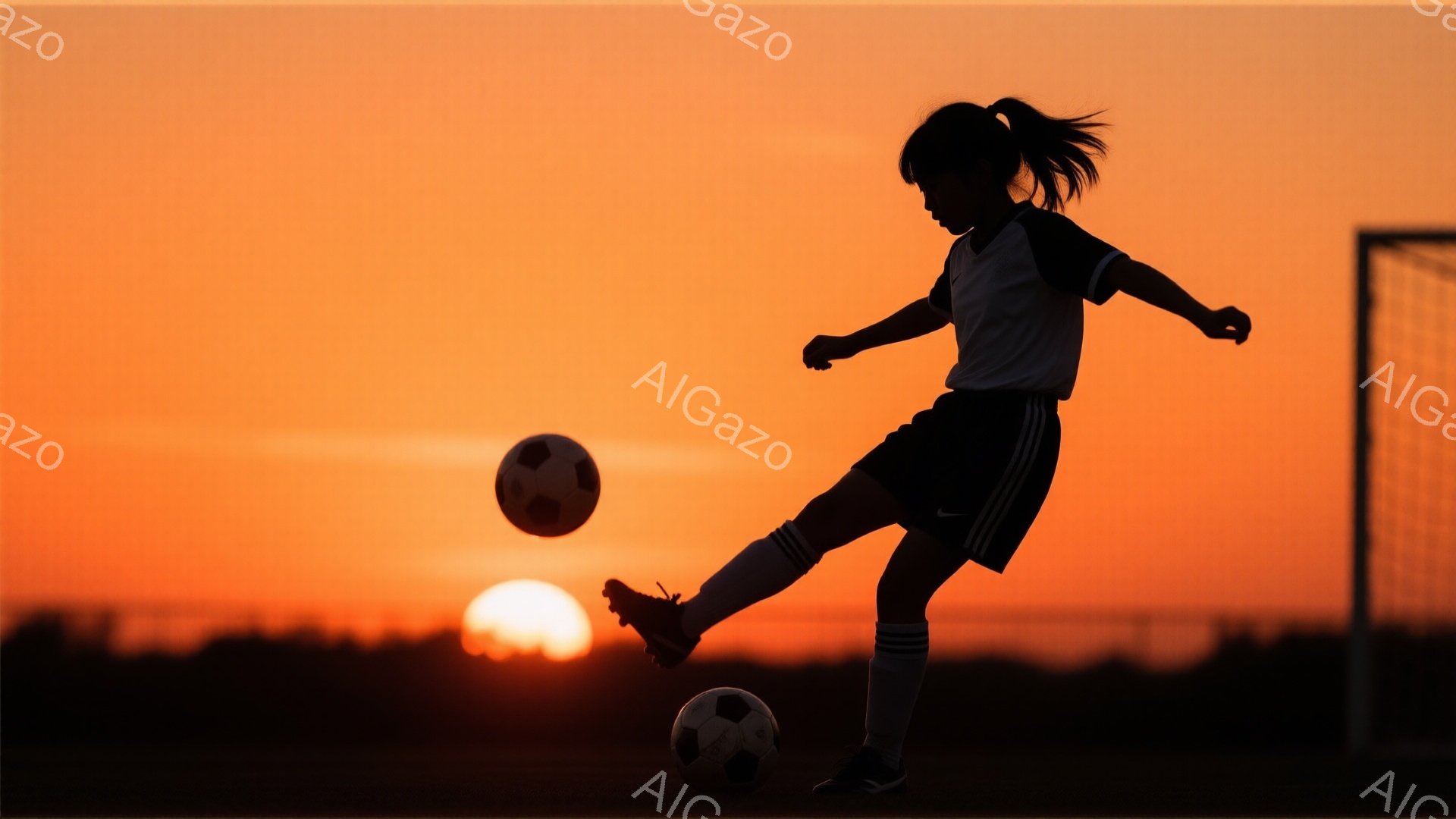 夕焼けを背景に、サッカーボールを蹴り上げる少女のシルエットが印象的な写真です。彼女は白い半袖シャツと黒い短パン姿で、髪は後ろで一つに結ばれています。背景にはオレンジ色の空が広がり、遠くには地平線が見え - AI生成フリー素材