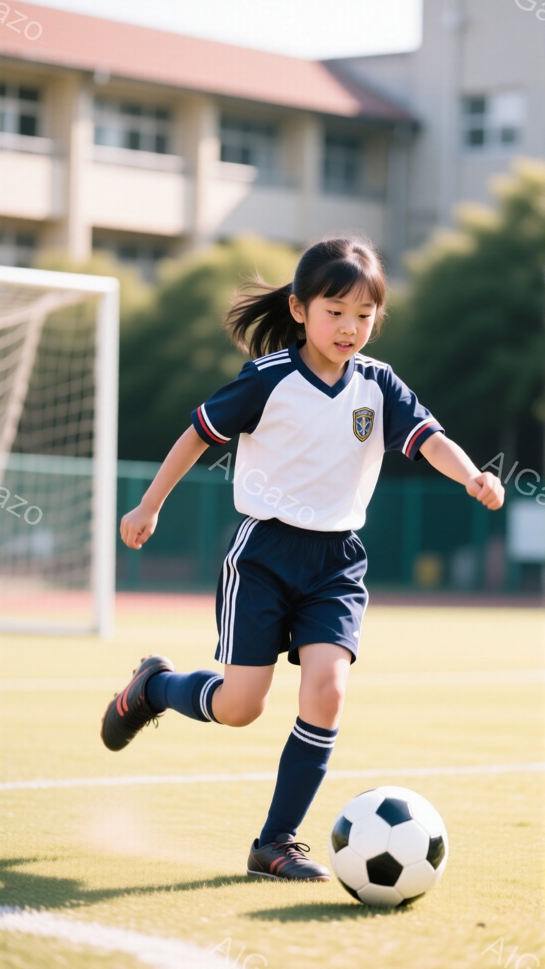 明るい緑の芝生の上を、紺色のユニフォームを着た少女がサッカーボールをドリブルしている。彼女はポニーテールにしており、少し微笑んでいるように見える。背景には、サッカーゴールと建物が見え、晴れた日の活気の - AI生成フリー素材