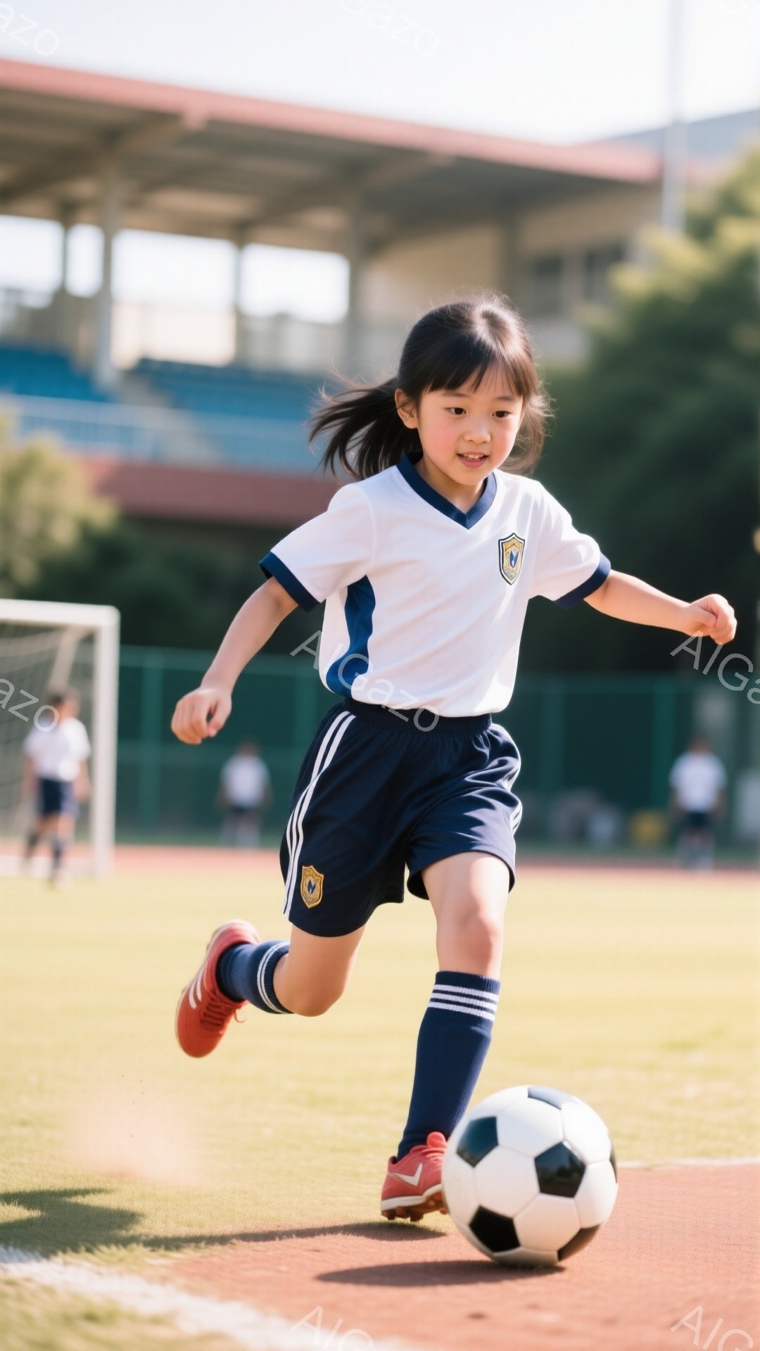 茶髪の少女がサッカーボールをドリブルしている。白地に青のラインが入ったユニフォームとソックスを着用し、赤いスパイクを履いている。背景には緑のサッカー場と、少しぼやけた観客席が見え、晴れた日の活気ある試合の雰囲気が漂っている。