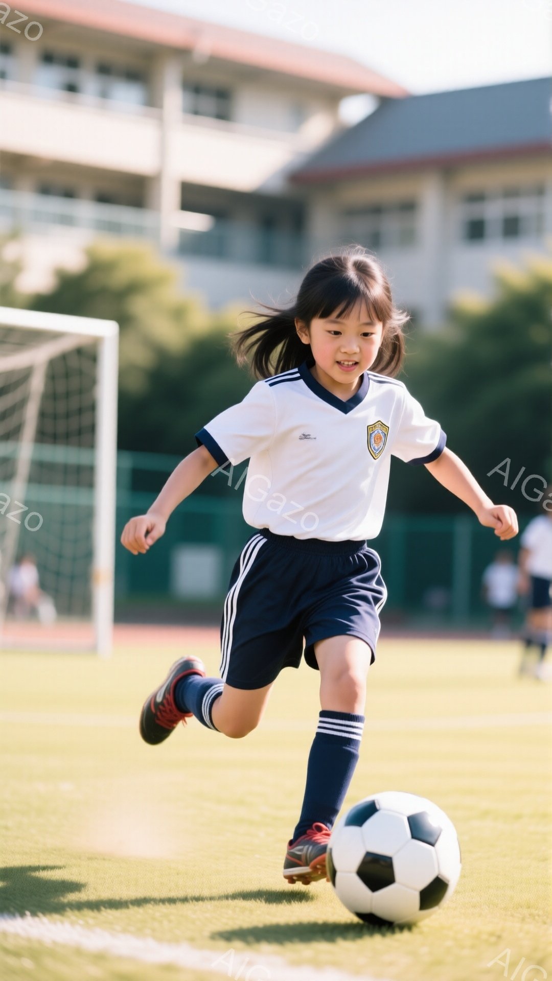 少女はサッカーボールを追いかけながら、緑の芝生の上を走っています。白いサッカーシャツと紺色のショートパンツ、赤いスニーカーを身につけ、髪はポニーテールに結ばれています。背景にはサッカーゴールと建物が見え、晴天の下、活気に満ちた雰囲気が漂っています。