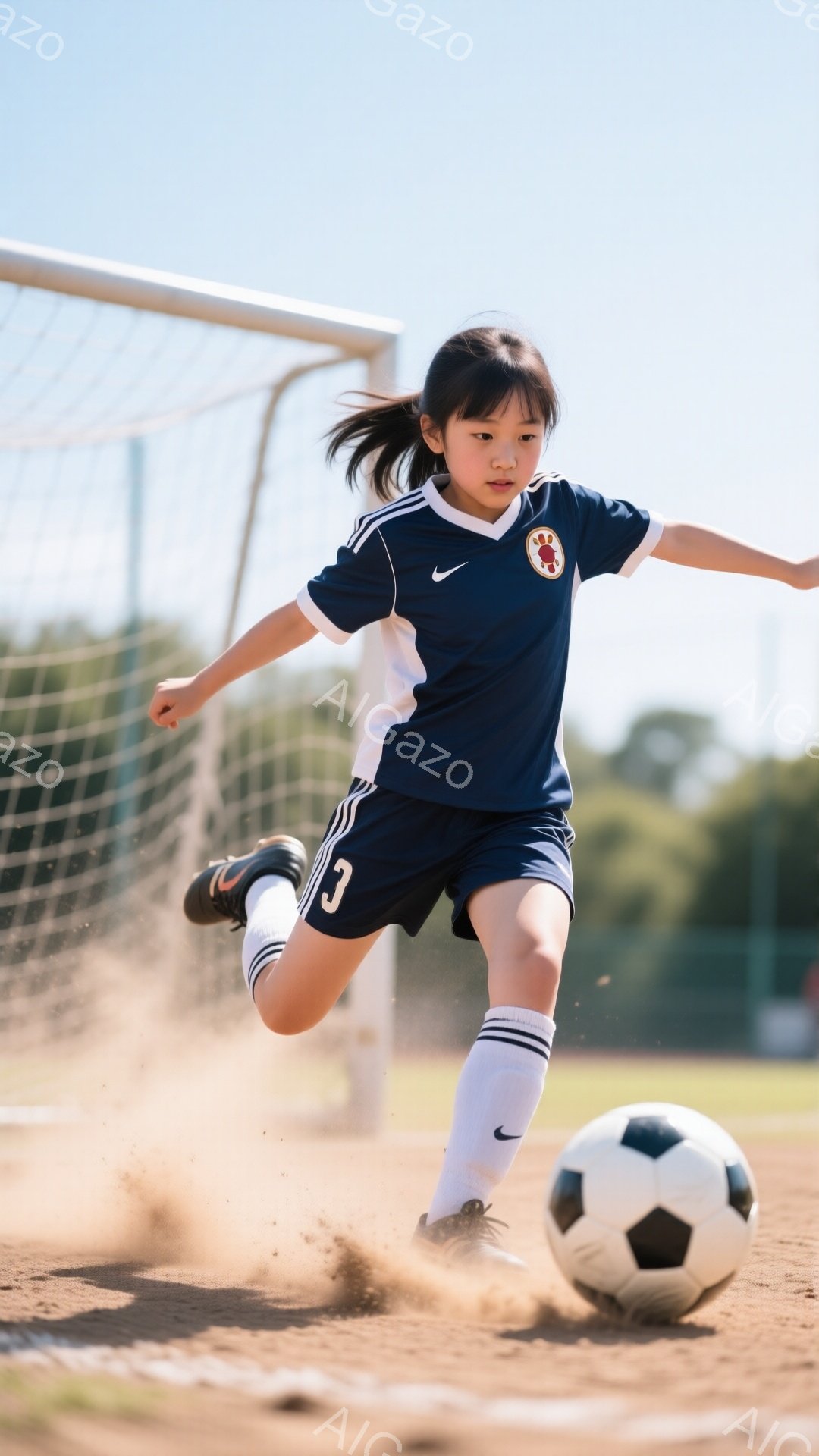 少女は紺色のサッカーユニフォームと白いストライプのショートパンツ、白いソックスを着用し、黒いサッカーシューズを履いている。彼女はボールを蹴り、空中に土埃を巻き上げながら、前方に勢いよく走り出している。背景にはサッカーゴールネットと緑豊かな木々が見え、晴れた日の明るい屋外で活気に満ちた雰囲気が漂っている。