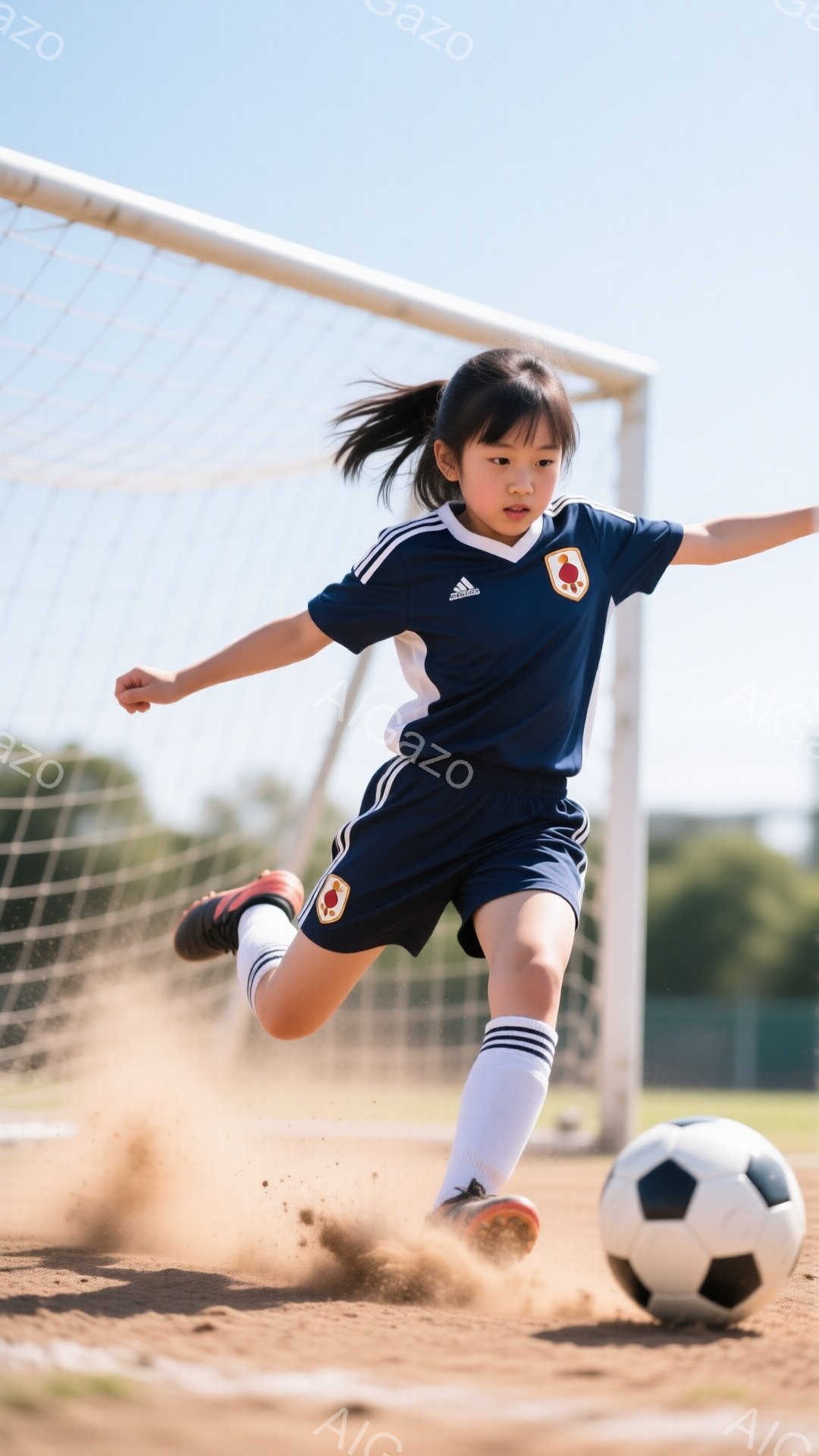 소녀는 푸른 축구 유니폼과 흰색 양말을 신고, 흙바닥에서 축구공을 차는 모습입니다. 머리를 높이 묶고 활기찬 표정으로 공을 향해 달려가며, 배경으로는 축구 골대와 푸른 하늘이 보입니다. 햇빛이 밝게 비추는 날씨로 역동적이고 활기찬 분위기가 느껴집니다.